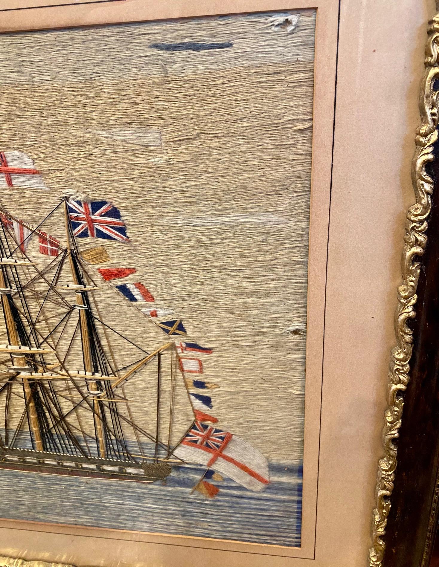 Artisanat Laine de marin du 19ème siècle représentant une frégate avec des drapeaux de signalisation en vente