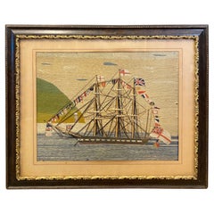Antique 19th Century Sailor's Woolwork of Frigate with Signal Flags