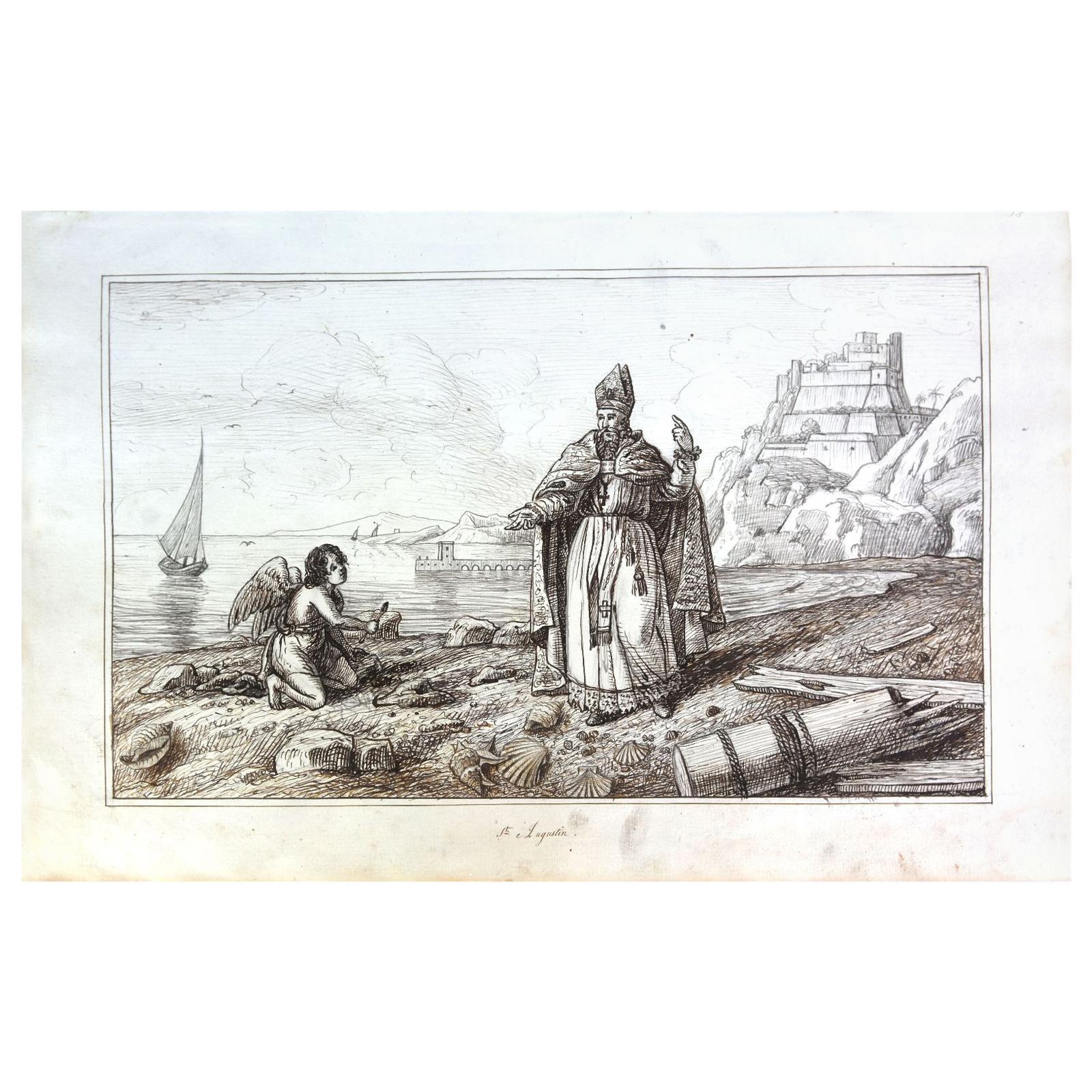 19th Century "Saint Augustin" Watercolor Drawing on Paper from the 18th Century For Sale