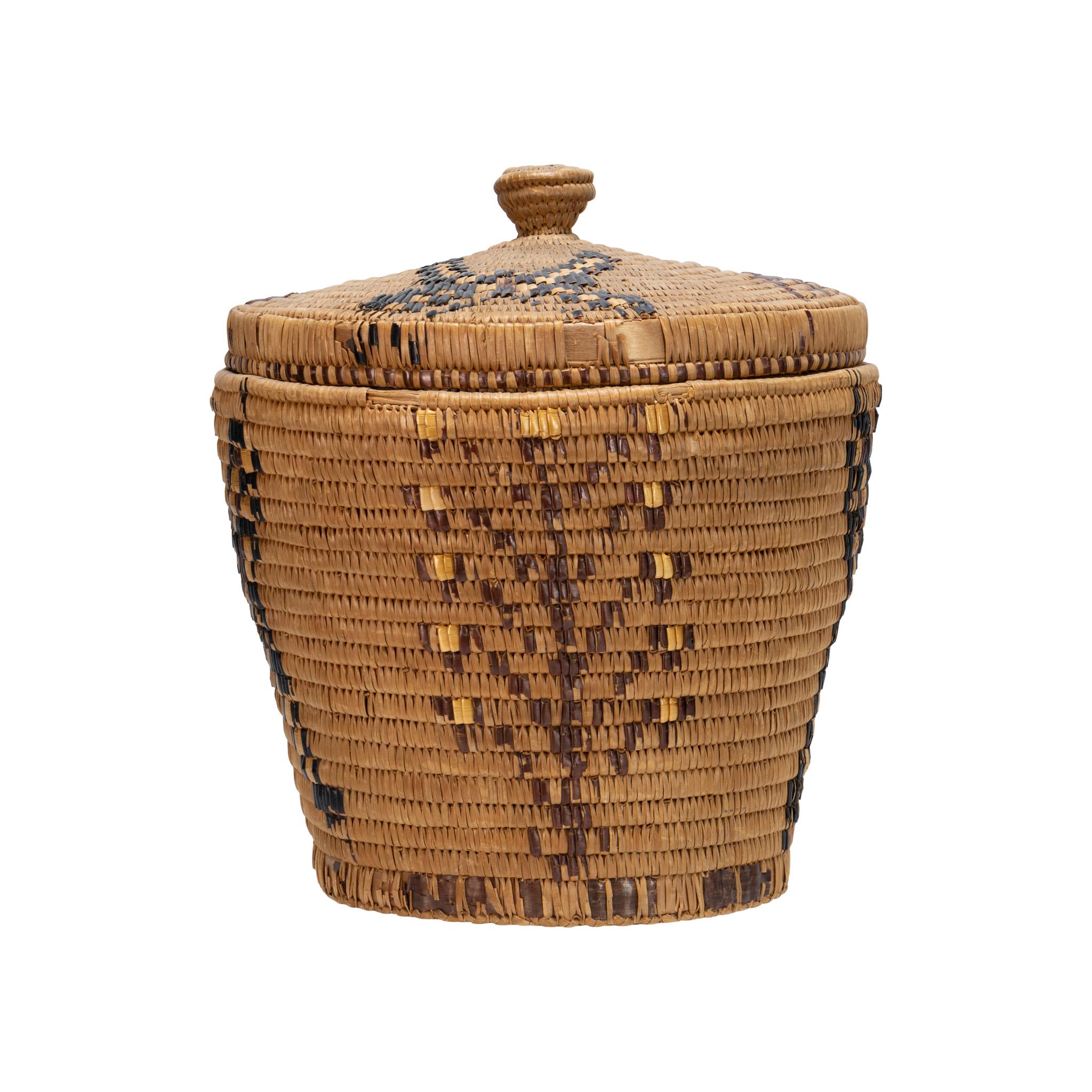 Salish lidded basket with butterflies and trees.

Period: Last quarter 19th century
Origin: Salish, Northwest
Size: 14