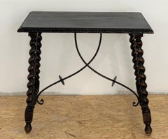 19th Century Salomonic Baroque Side Table with Carved Top and Iron Stretchers
