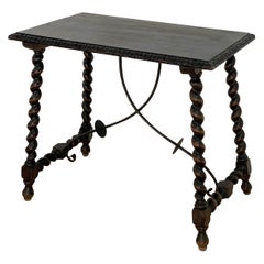 19th Century Salomonic Baroque Side Table with Carved Top and Iron Stretchers