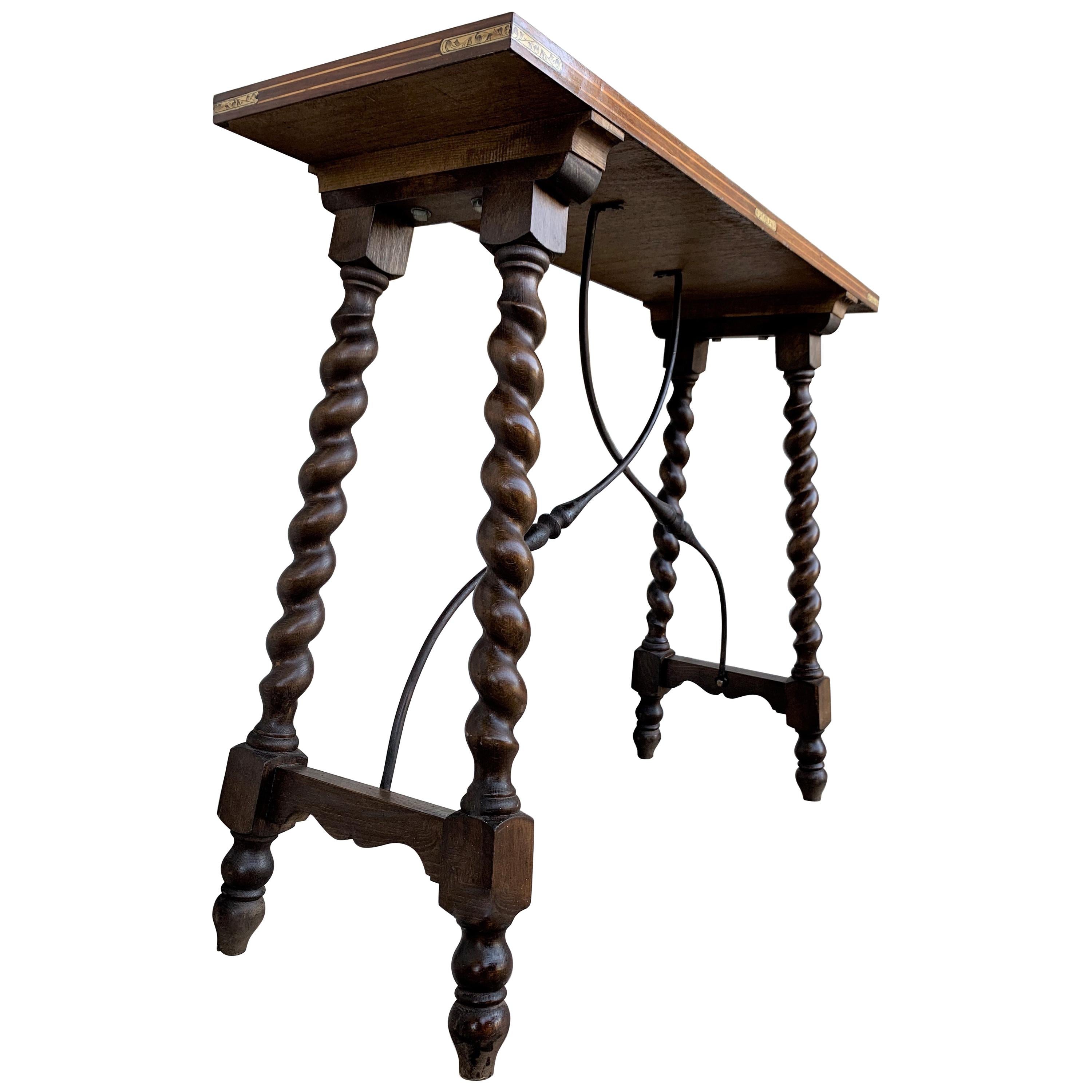 Spanish 19th Century Salomonic Baroque Side Table with Inlays, Marquetry & Stretchers