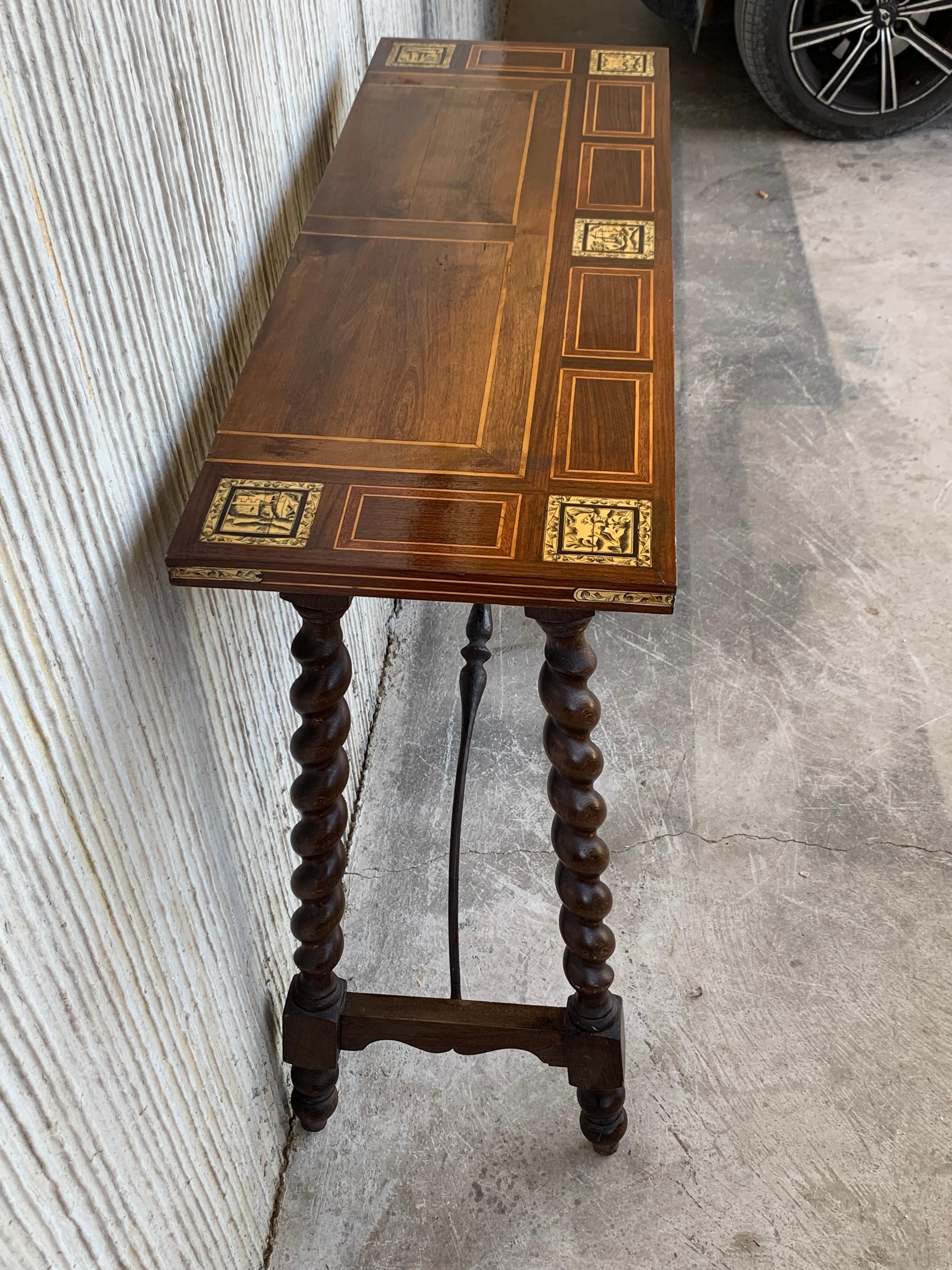 19th Century Salomonic Baroque Side Table with Inlays, Marquetry & Stretchers In Good Condition In Miami, FL