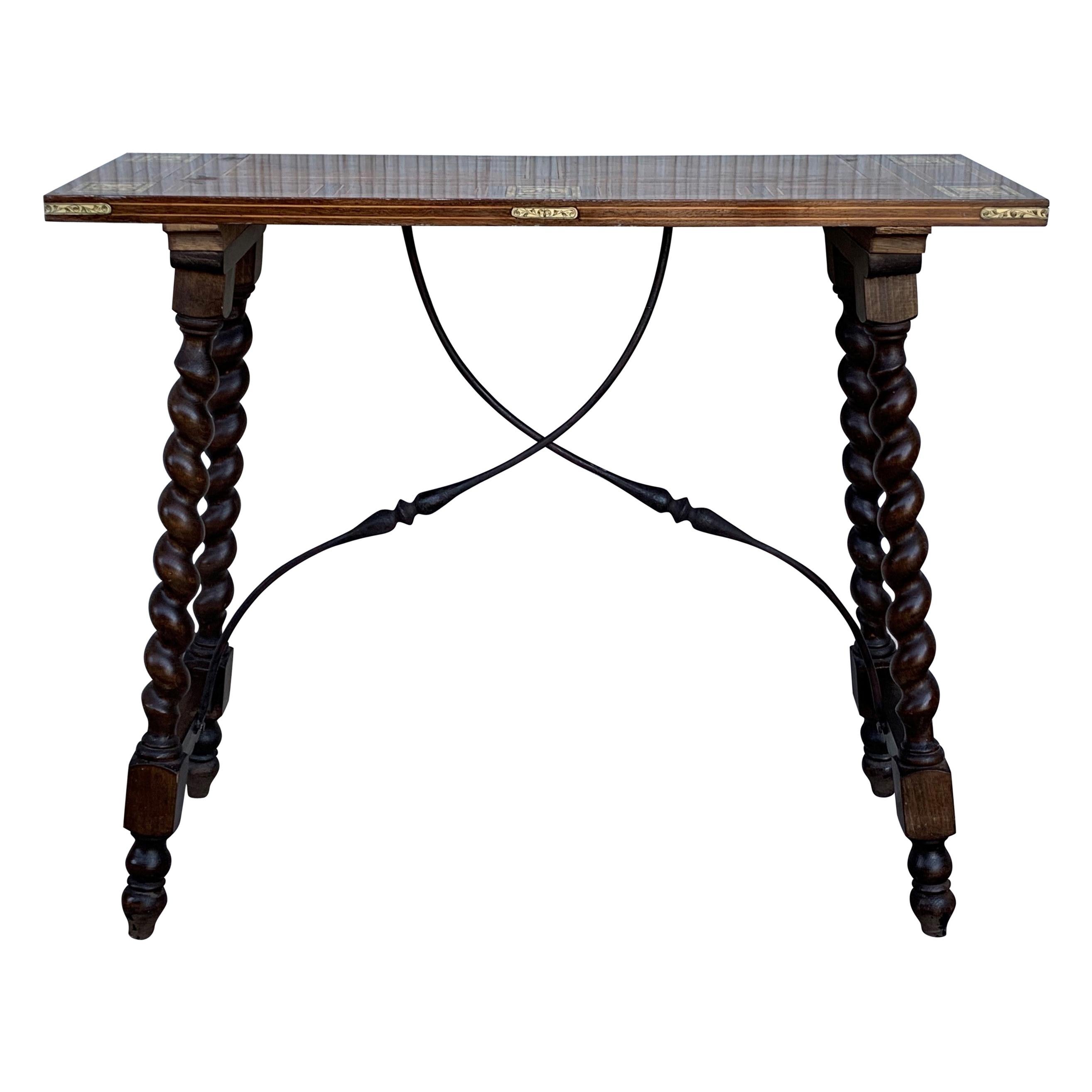 19th Century Salomonic Baroque Side Table with Inlays, Marquetry & Stretchers
