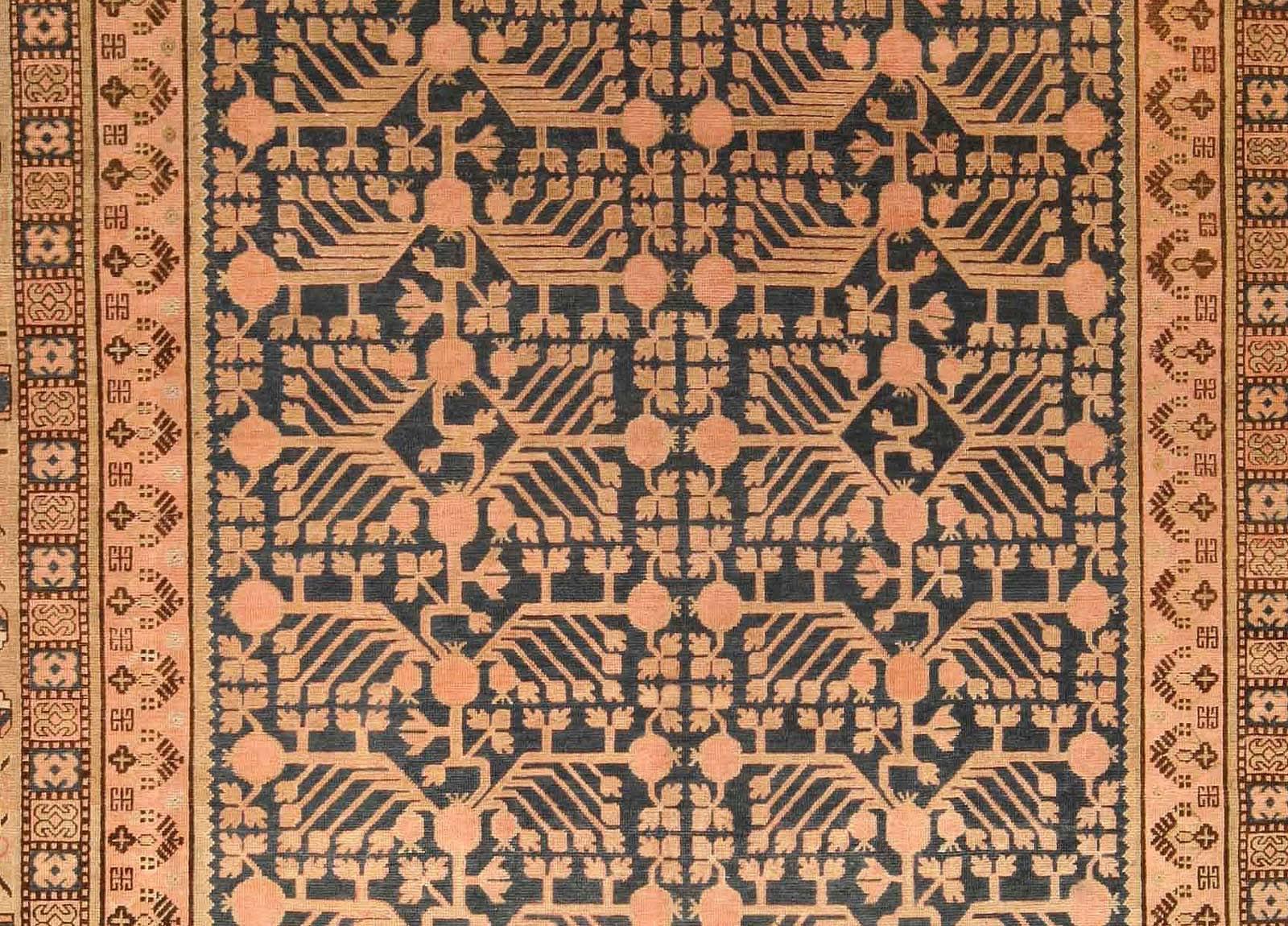 19th century Samarkand 'Khotan' indigo blue and beige hand knotted wool rug
Size: 6'4