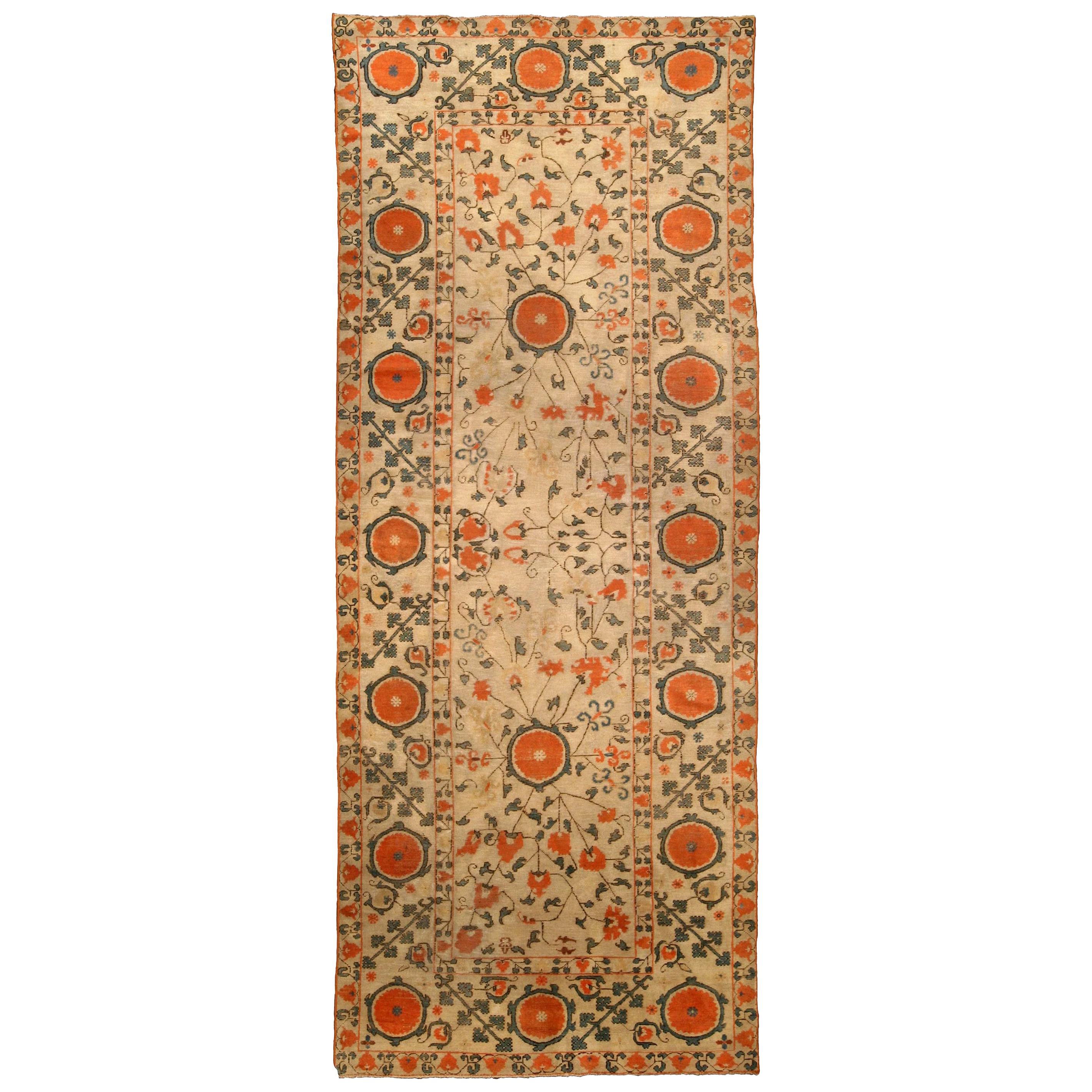 Orange Antique Samarkand Handmade Pictorial Motif Wool Rug For Sale at 1stDibs