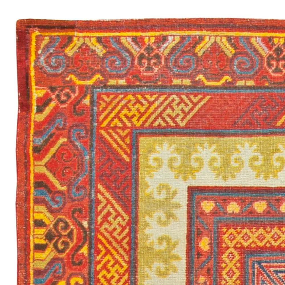 Hand-Knotted 19th Century Samarkand Red and Blue Handmade Rug For Sale