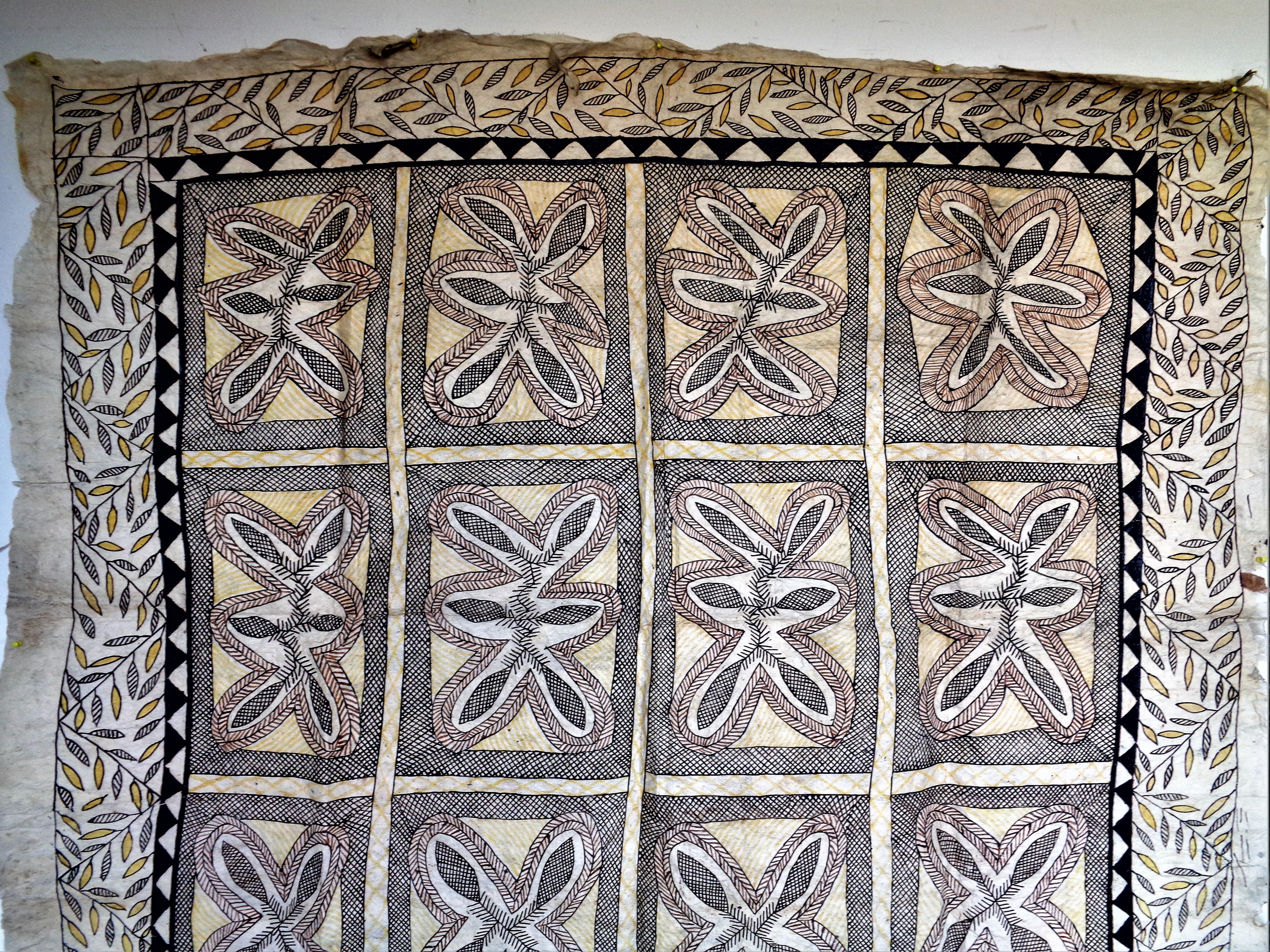 Antique Samoa Siapo ( tapa cloth ) made from the inner bark of the mulberry tree. Free hand paint decorated ( Siapo Mamanu ) with the natural dyes from plants, trees and clays. This Tapa cloth has not seen the light of day for many years - descended
