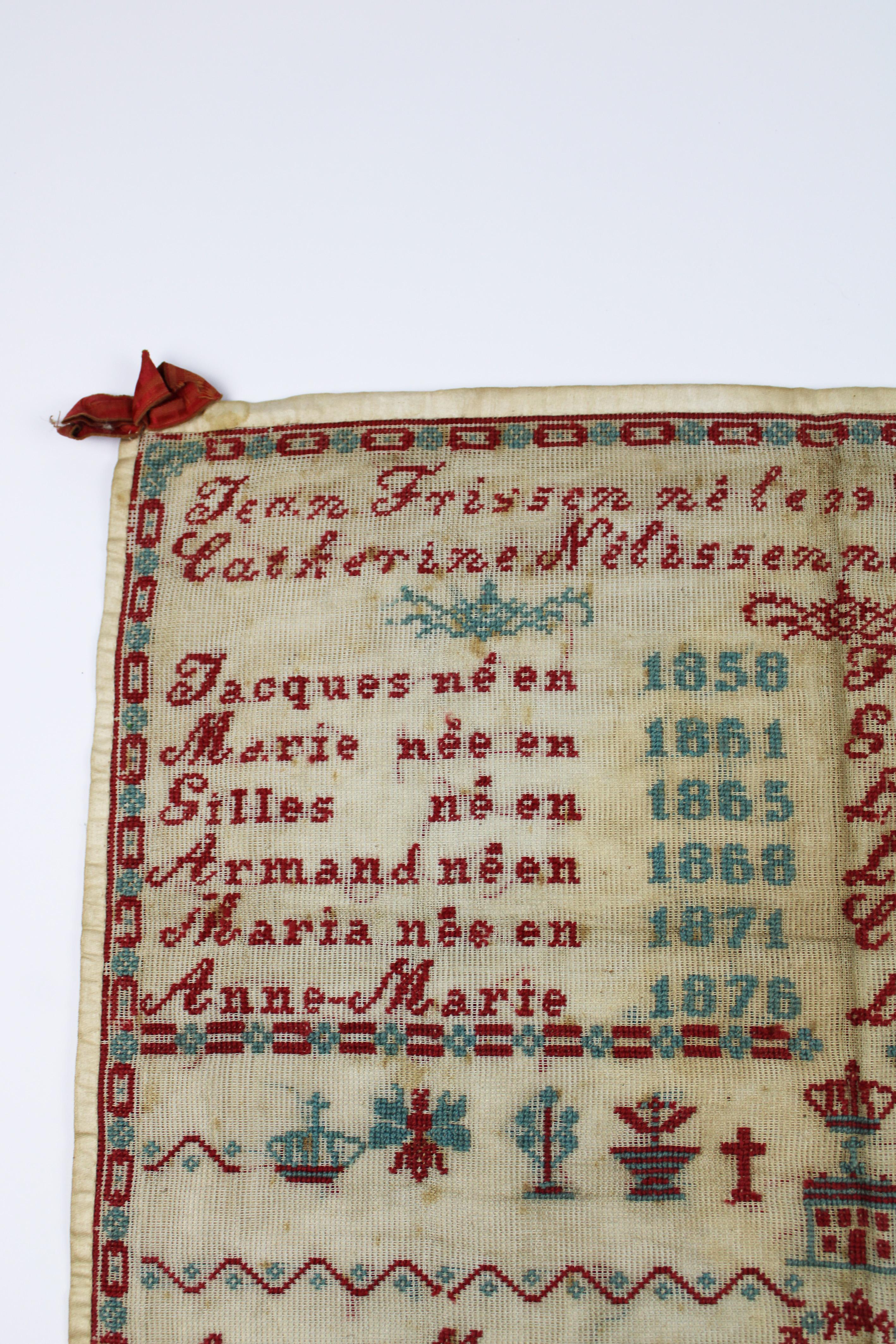 Step into the past with our enchanting 19th Century Sampler, meticulously crafted by Anne Marie Frissen in 1888. This delightful piece, known as the 