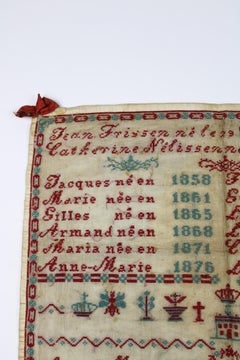 19th Century Sampler Off Family Tree 1888 by Anne Marie Frissen Belgium