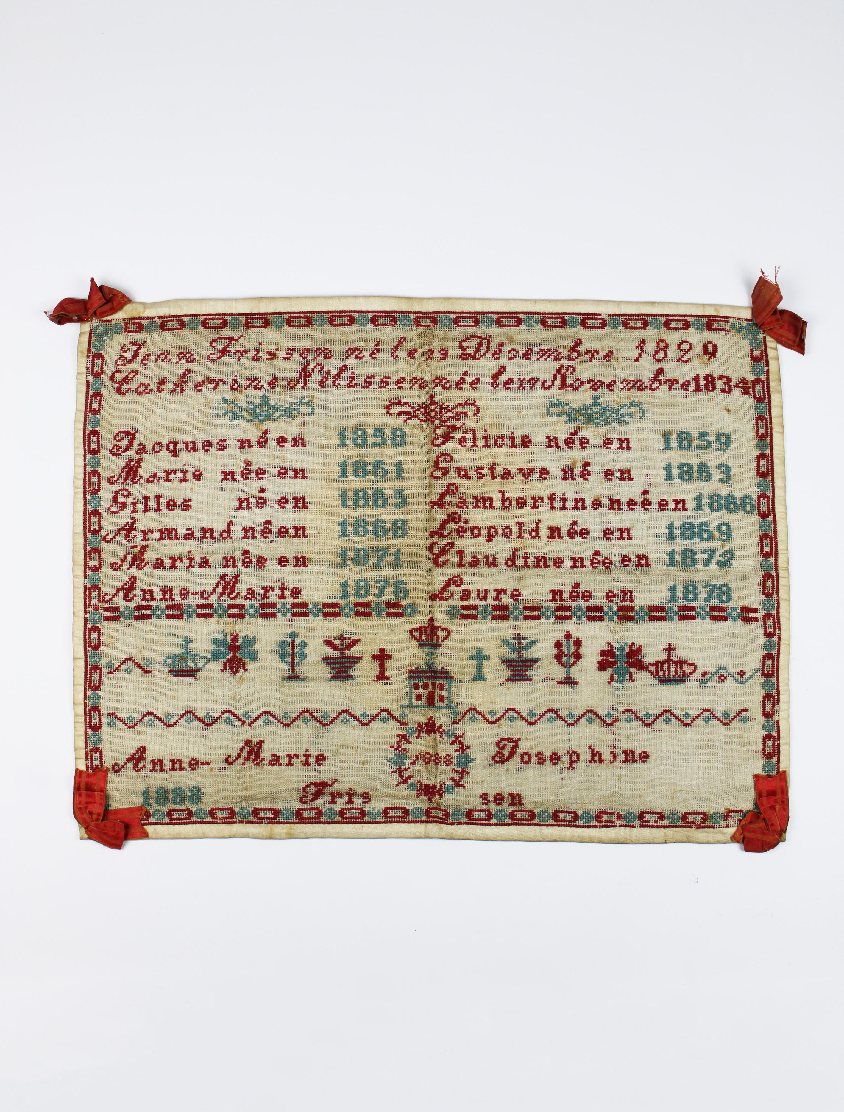 Country 19th Century Sampler Off Family Tree 1888 by Anne Marie Frissen Belgium For Sale