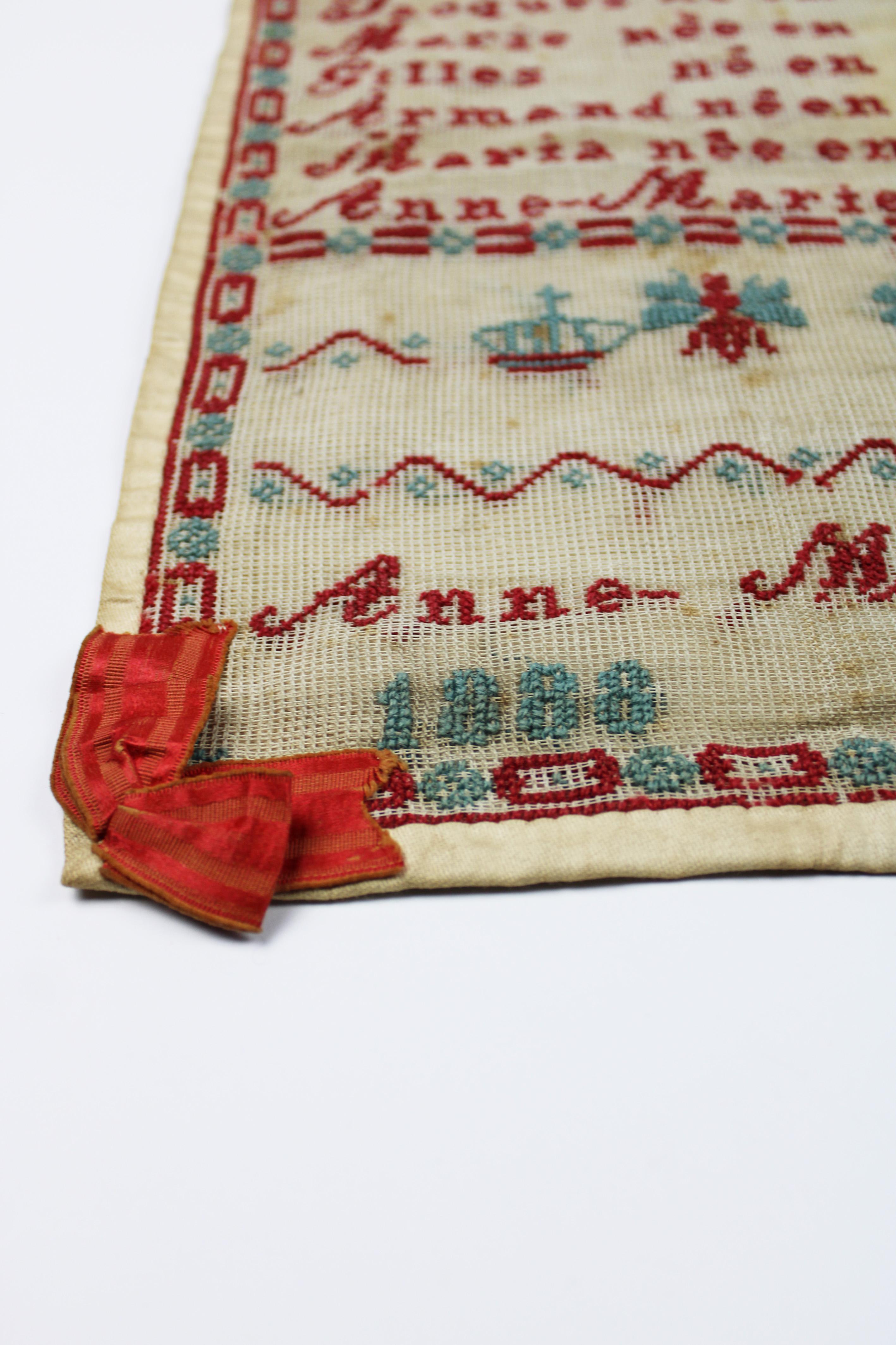 Embroidered 19th Century Sampler Off Family Tree 1888 by Anne Marie Frissen Belgium For Sale