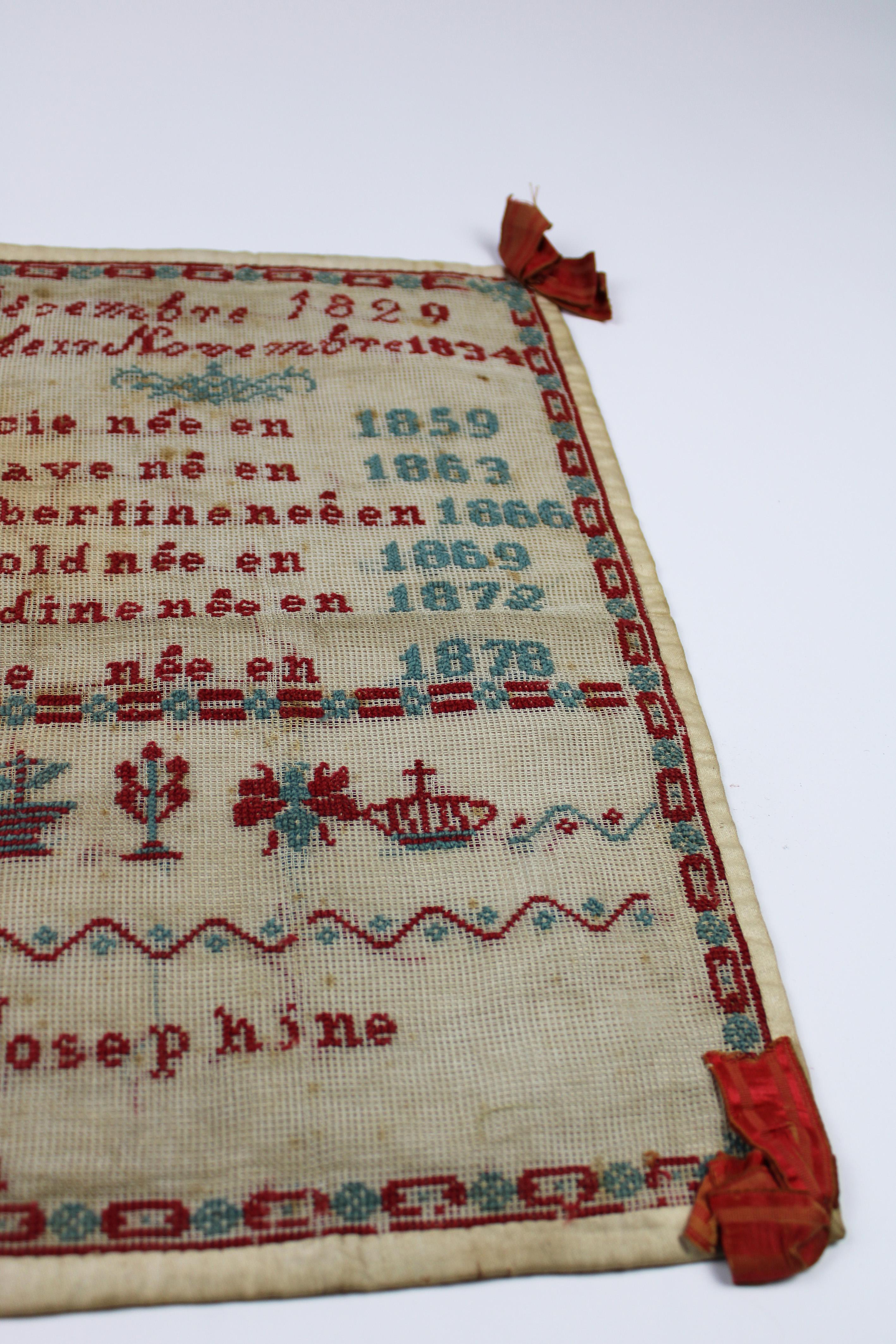 19th Century Sampler Off Family Tree 1888 by Anne Marie Frissen Belgium In Good Condition For Sale In Antwerpen, BE
