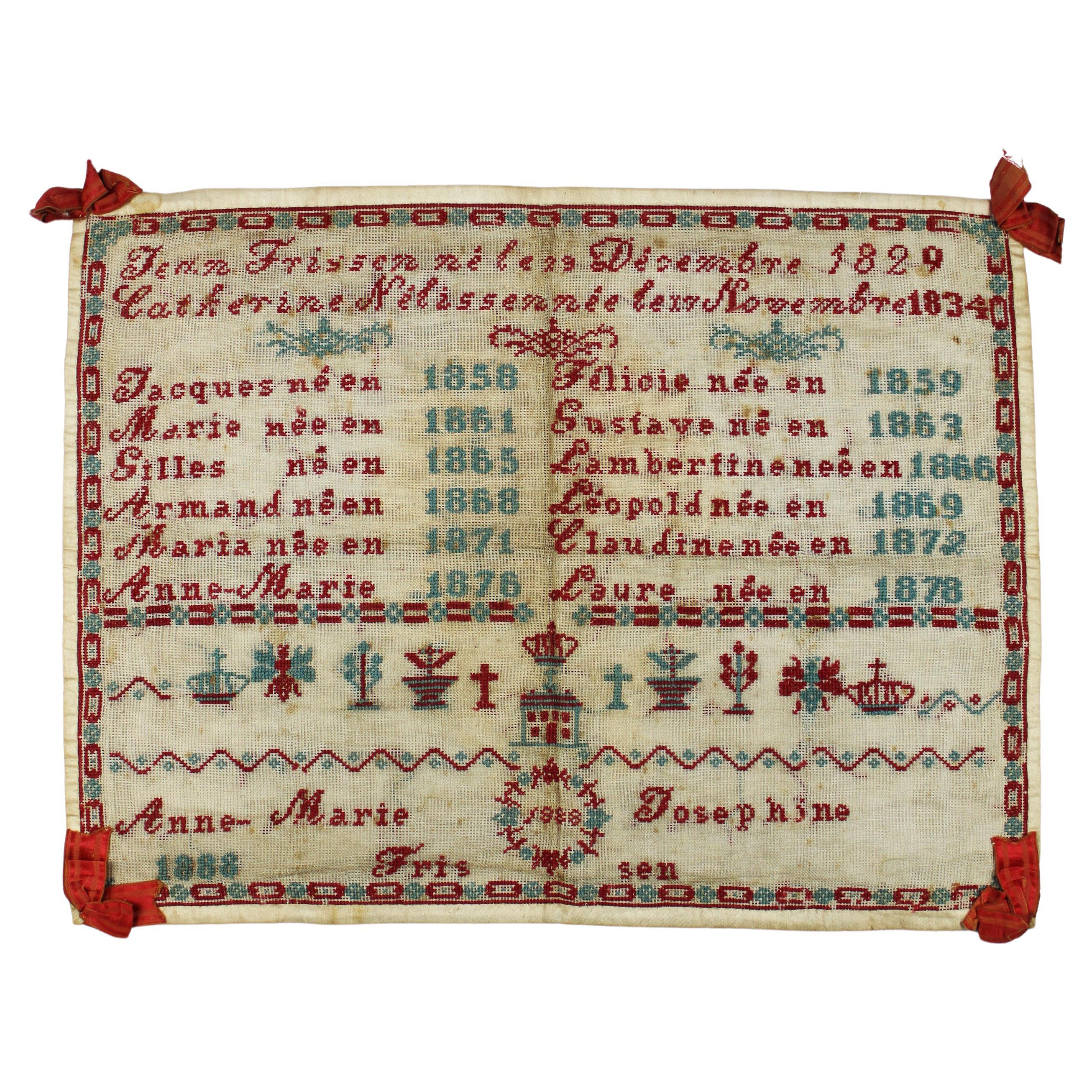 19th Century Sampler Off Family Tree 1888 by Anne Marie Frissen Belgium For Sale