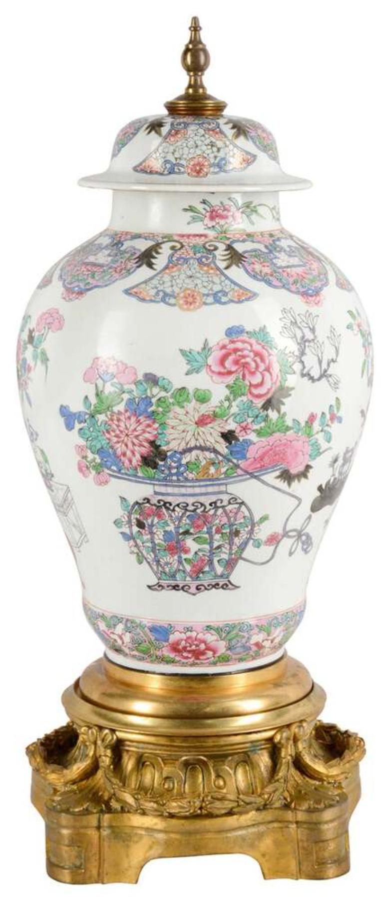 A very good quality late 19th century Samson porcelain, Famille Rose style porcelain lidded vase / lamp. Having wonderful colorful classical oriental motif, floral and foliate decoration with exotic birds among them. Mounted on a classical gilded