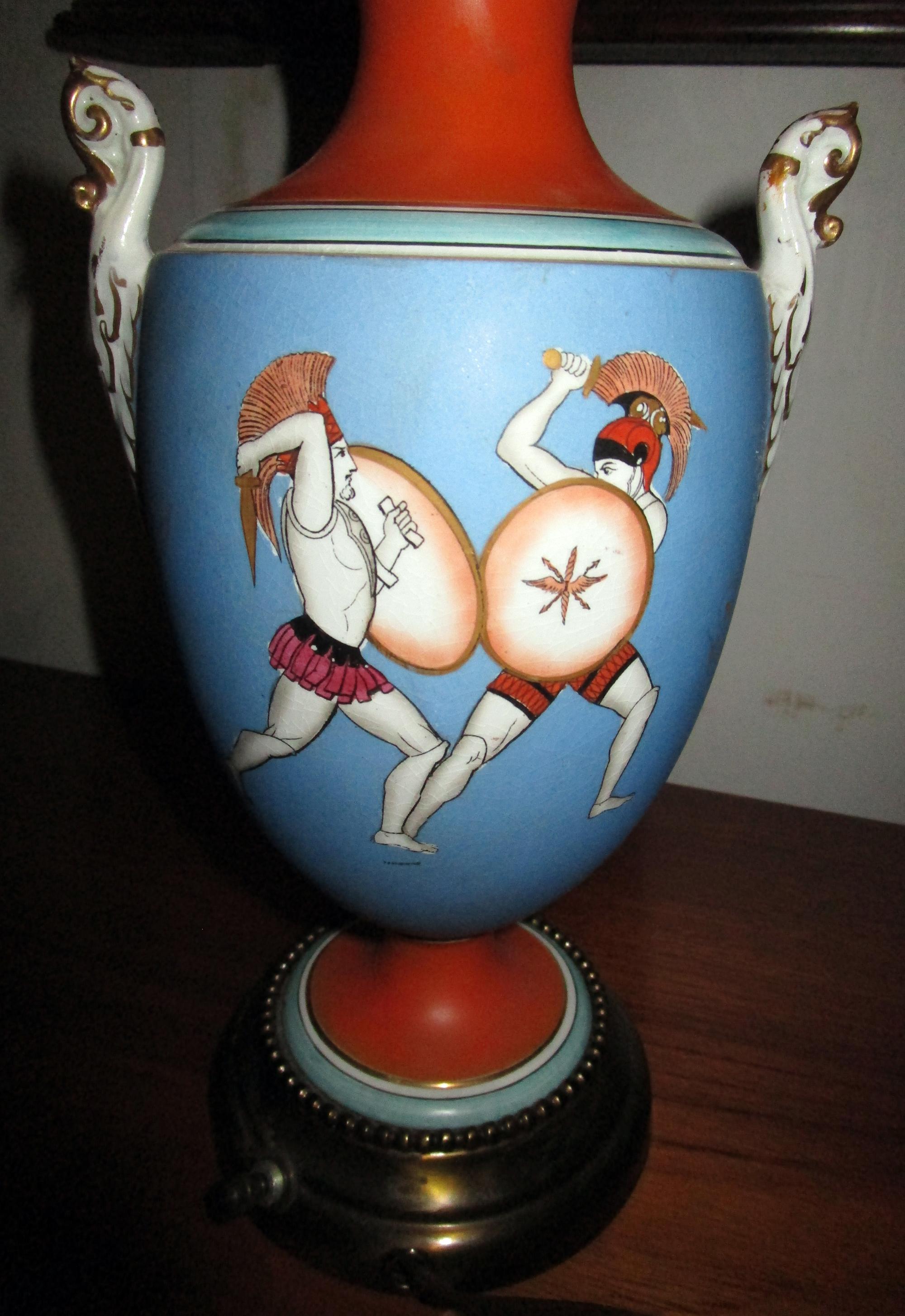 Polychromed 19th century Samuel Alcock Classical Urn Lamp, Pair