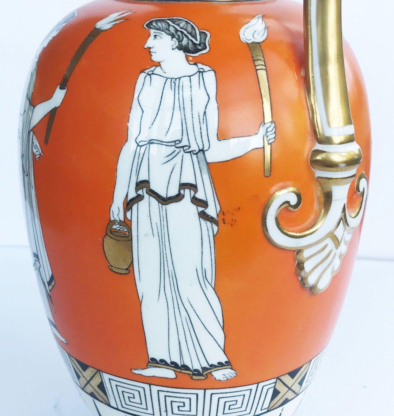 An excellent quality Samuel Alcock & Sons neoclassical porcelain ewer, circa 1860, depicting Grecian Maidens & Motif all against an orange ground and 22-carat gold highlights, him painted 4 figure shape number to base.

The last  image shows a group