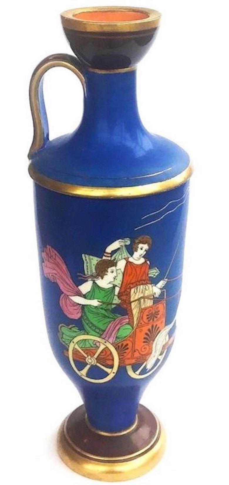 An excellent quality Samuel Alcock & Sons neoclassical Porcelain Ewer, circa 1860, depicting Paris taking Helen to Troy all against a blue ground and 22-carat gold highlights printed description to the base reads reads ' 'Fac-simile of an Antique