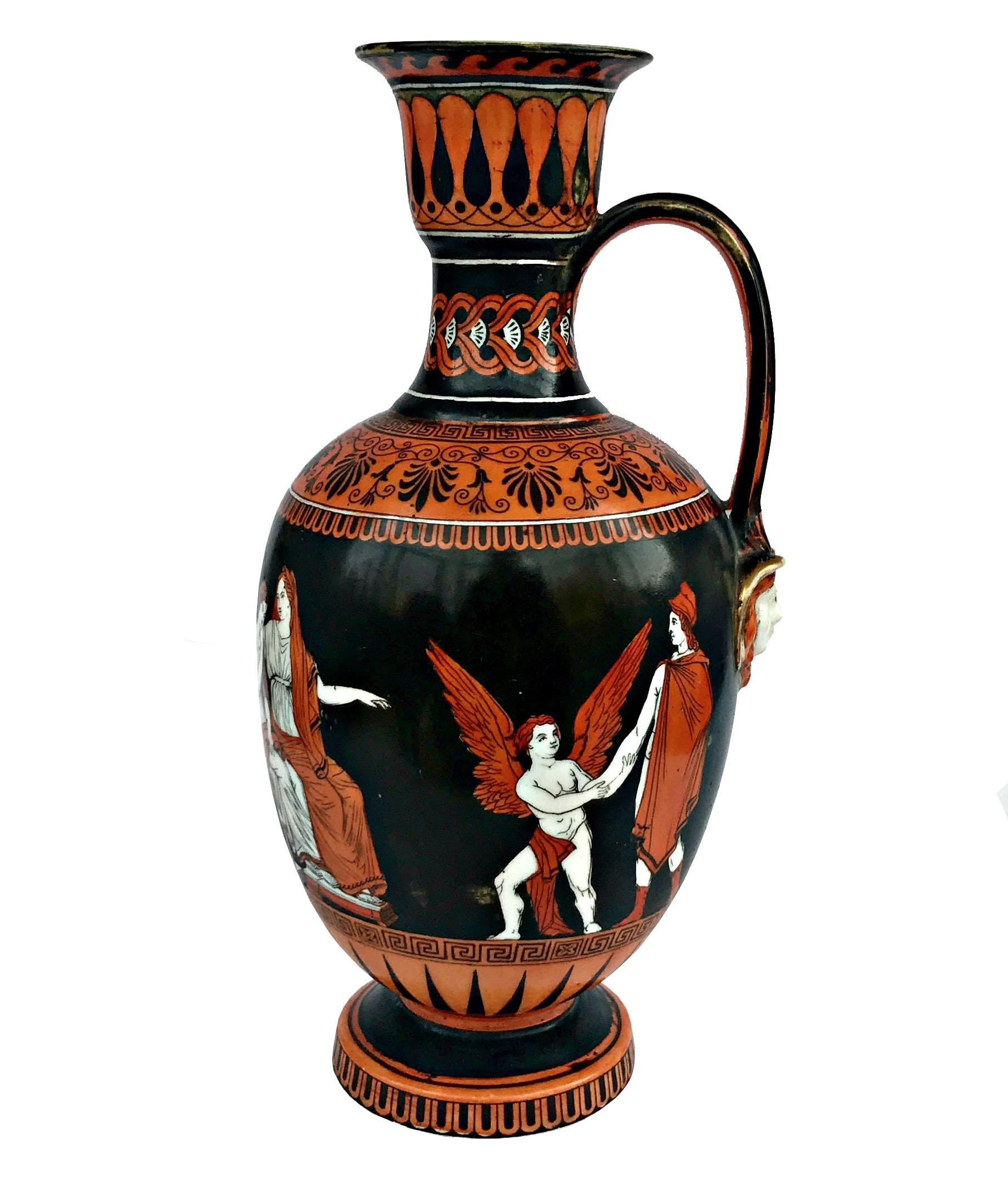 An excellent quality Samuel Alcock & Sons neoclassical porcelain ewer, circa 1860, decorated with orange and white, Grecian maidens together with Greek motif all against a black ground. Printed description to the base reads 'The nuptials of Paris