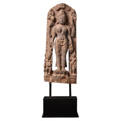 Antique 19th century sandstone statue of Saraswati with Ganesha and Kartikeya from India