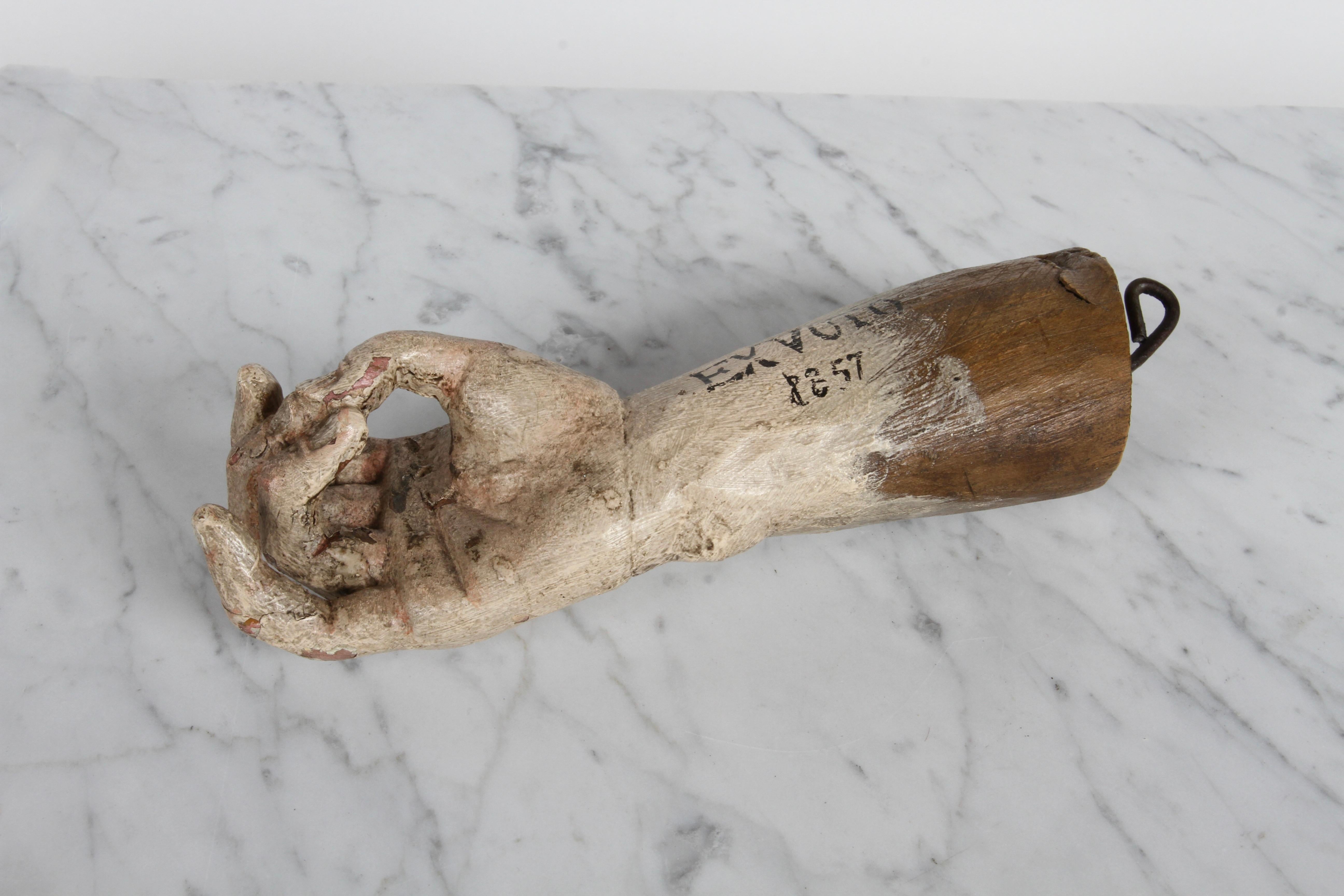 19th Century Santos or Saint Ex-Voto Carved Polychrome Wood Arm & Hand Offering  For Sale 4