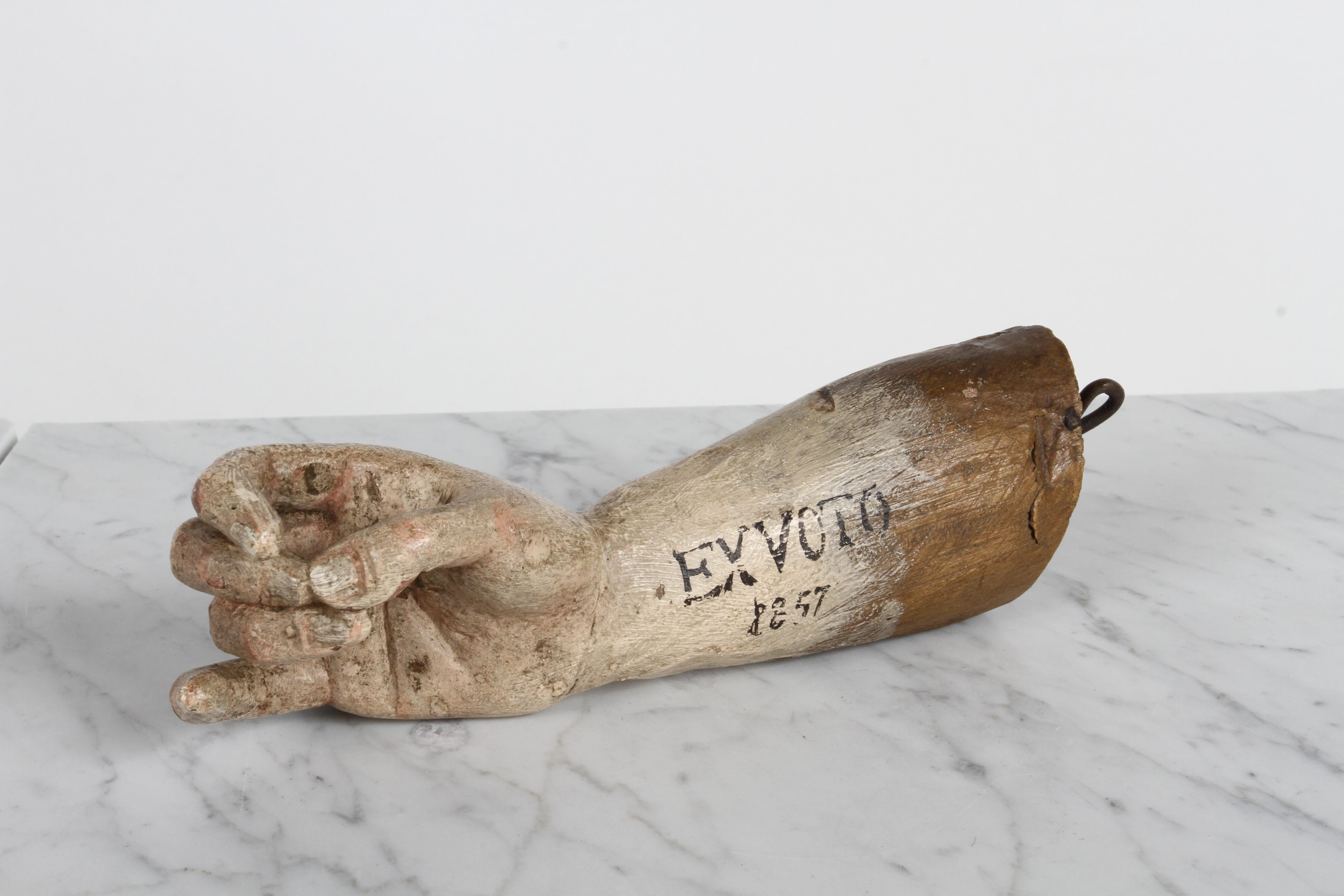 19th Century Santos or Saint Ex-Voto Carved Polychrome Wood Arm & Hand Offering  For Sale 7