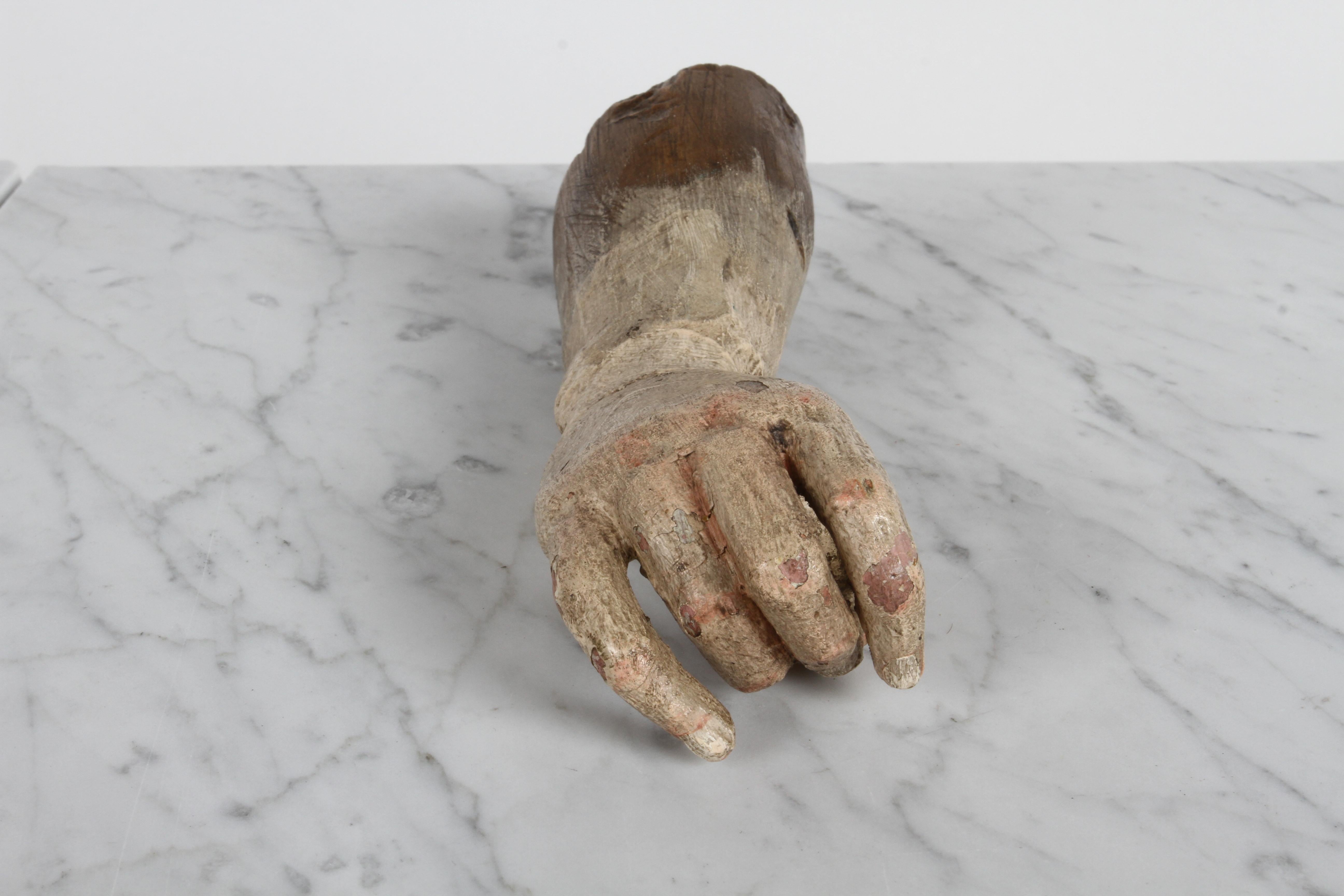 Spanish Colonial 19th Century Santos or Saint Ex-Voto Carved Polychrome Wood Arm & Hand Offering