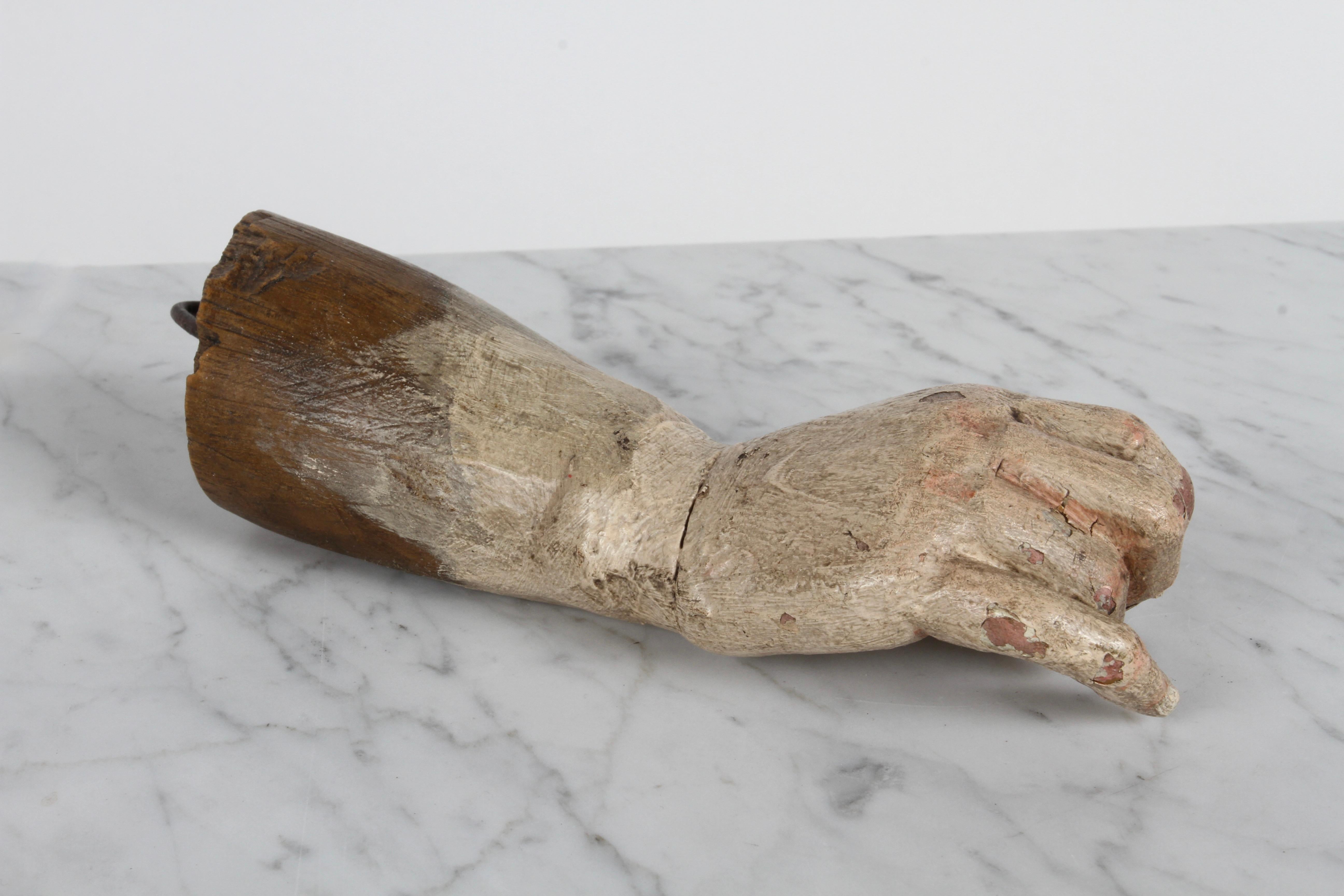 Mexican 19th Century Santos or Saint Ex-Voto Carved Polychrome Wood Arm & Hand Offering  For Sale