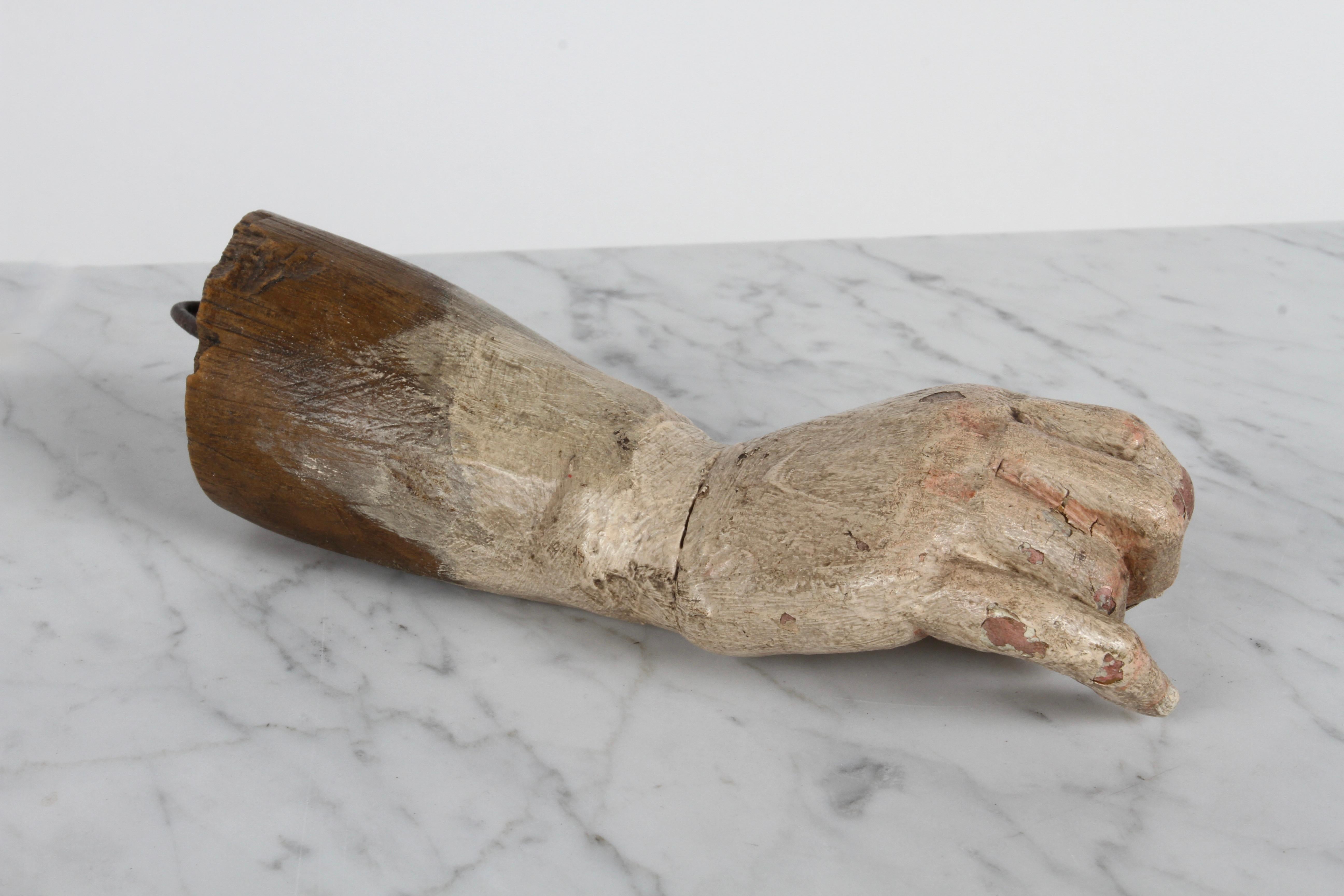 Mexican 19th Century Santos or Saint Ex-Voto Carved Polychrome Wood Arm & Hand Offering