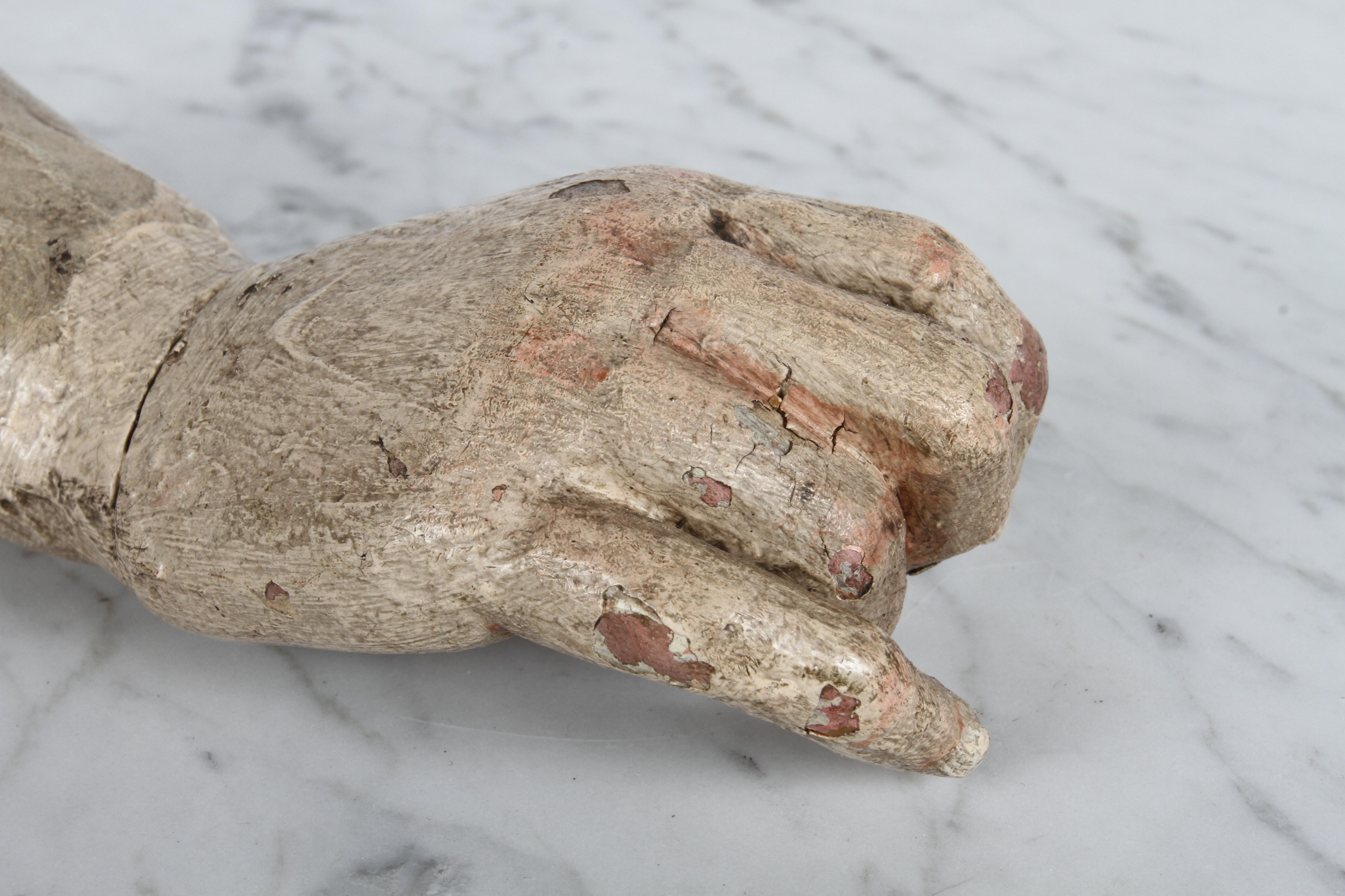 Hand-Carved 19th Century Santos or Saint Ex-Voto Carved Polychrome Wood Arm & Hand Offering