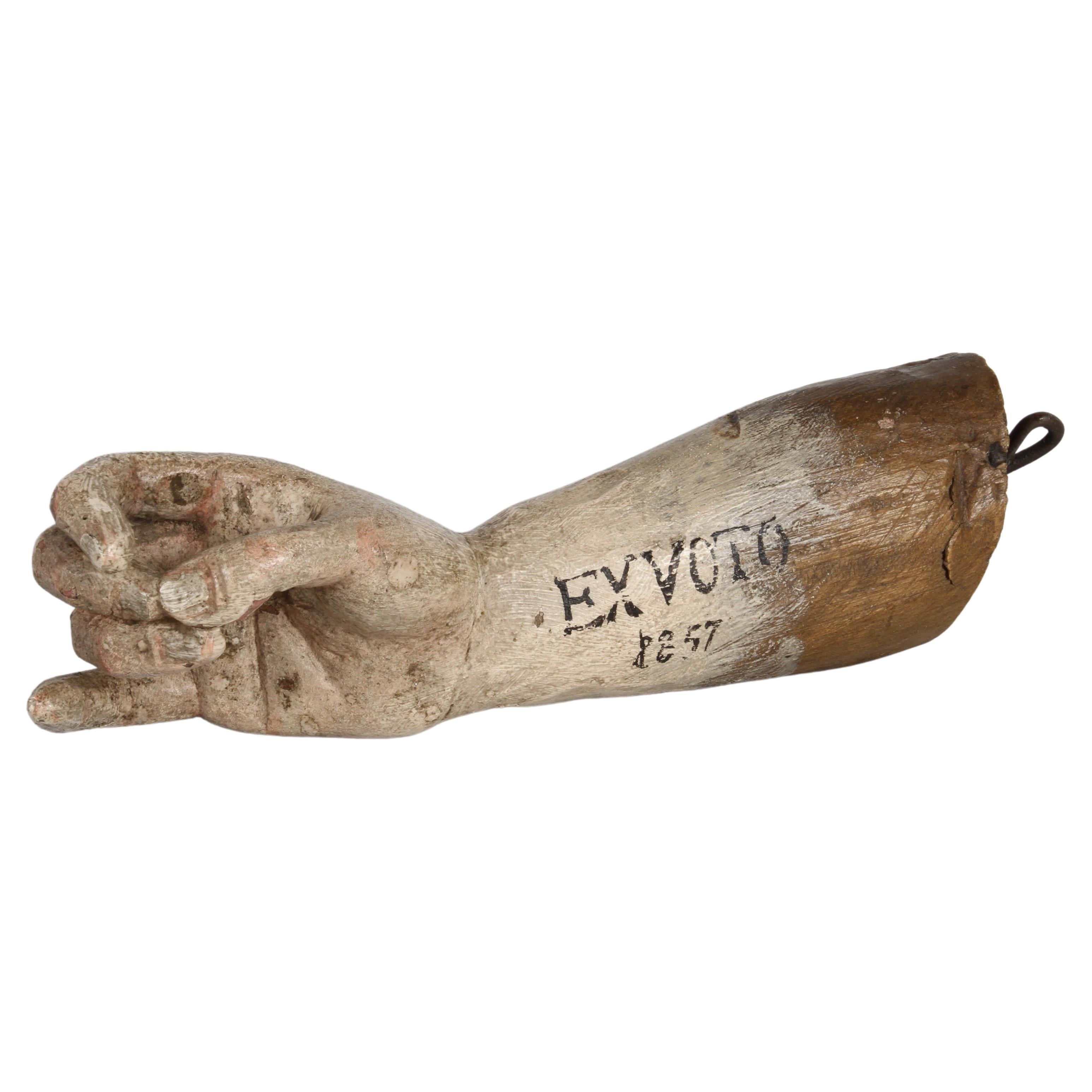 19th Century Santos or Saint Ex-Voto Carved Polychrome Wood Arm & Hand Offering  For Sale