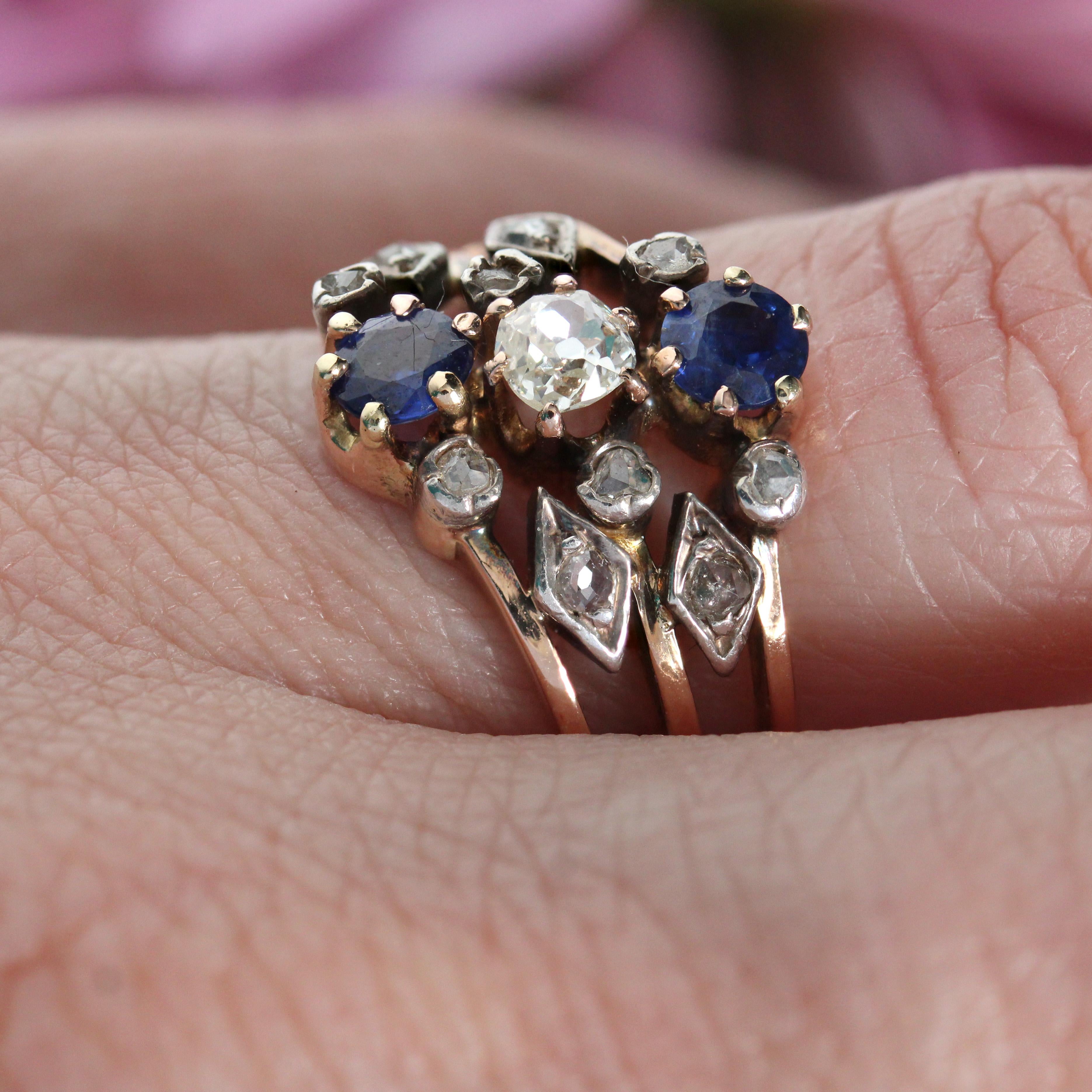 19th Century Sapphire Diamond 18 Karat Rose Gold 3 Rings Ring For Sale 8