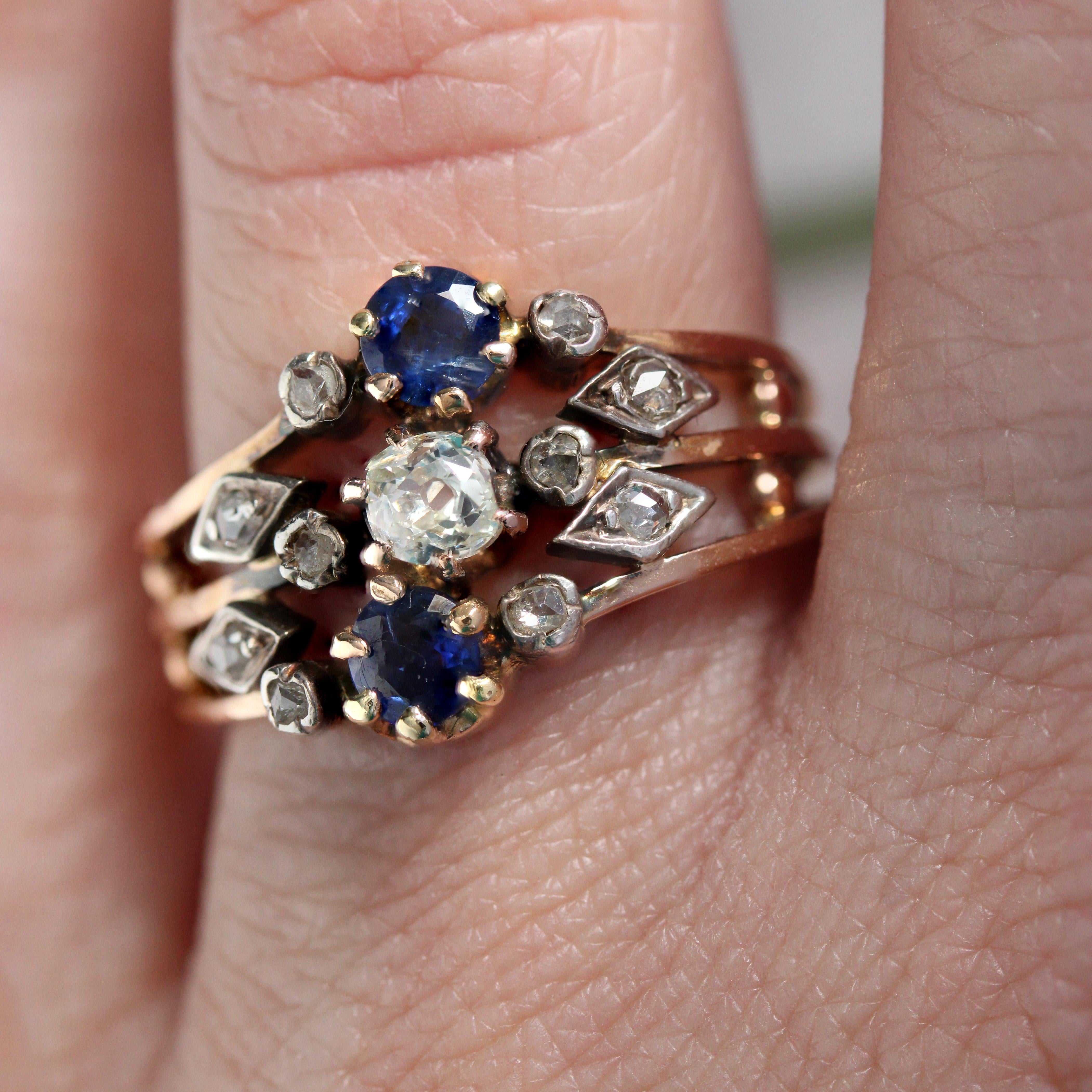 19th Century Sapphire Diamond 18 Karat Rose Gold 3 Rings Ring For Sale 9