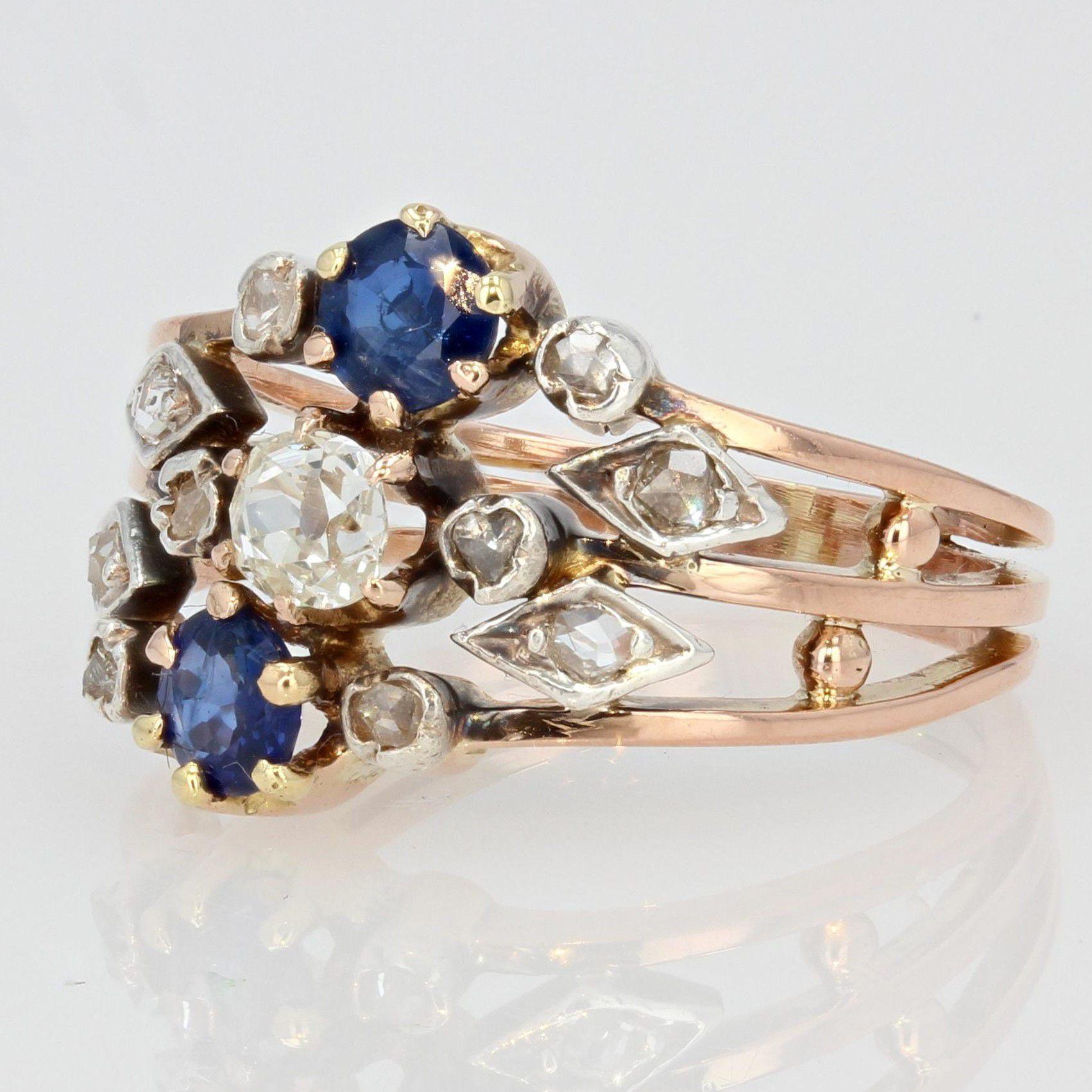 Round Cut 19th Century Sapphire Diamond 18 Karat Rose Gold 3 Rings Ring For Sale