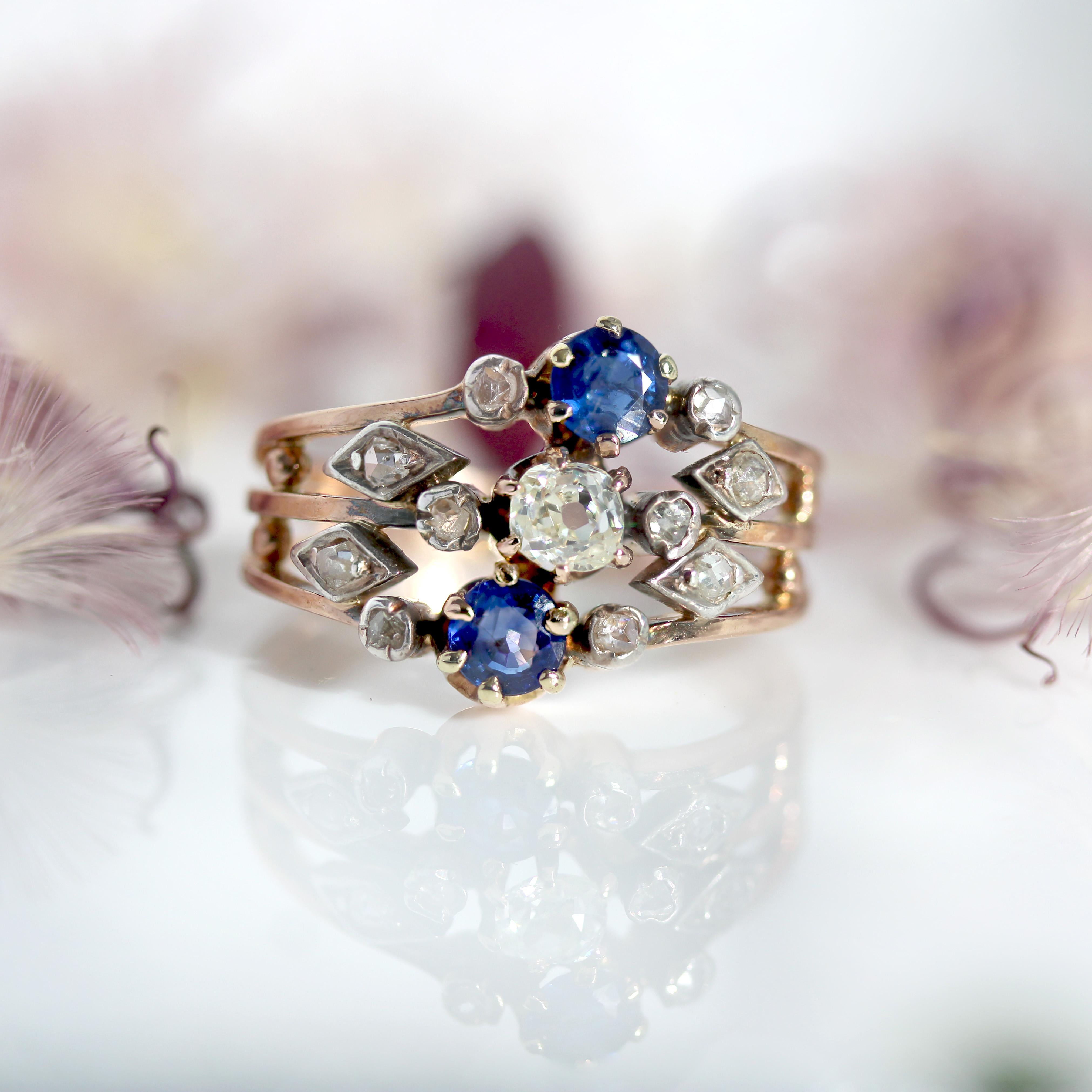 Napoleon III 19th Century Sapphire Diamond 18 Karat Rose Gold 3 Rings Ring For Sale