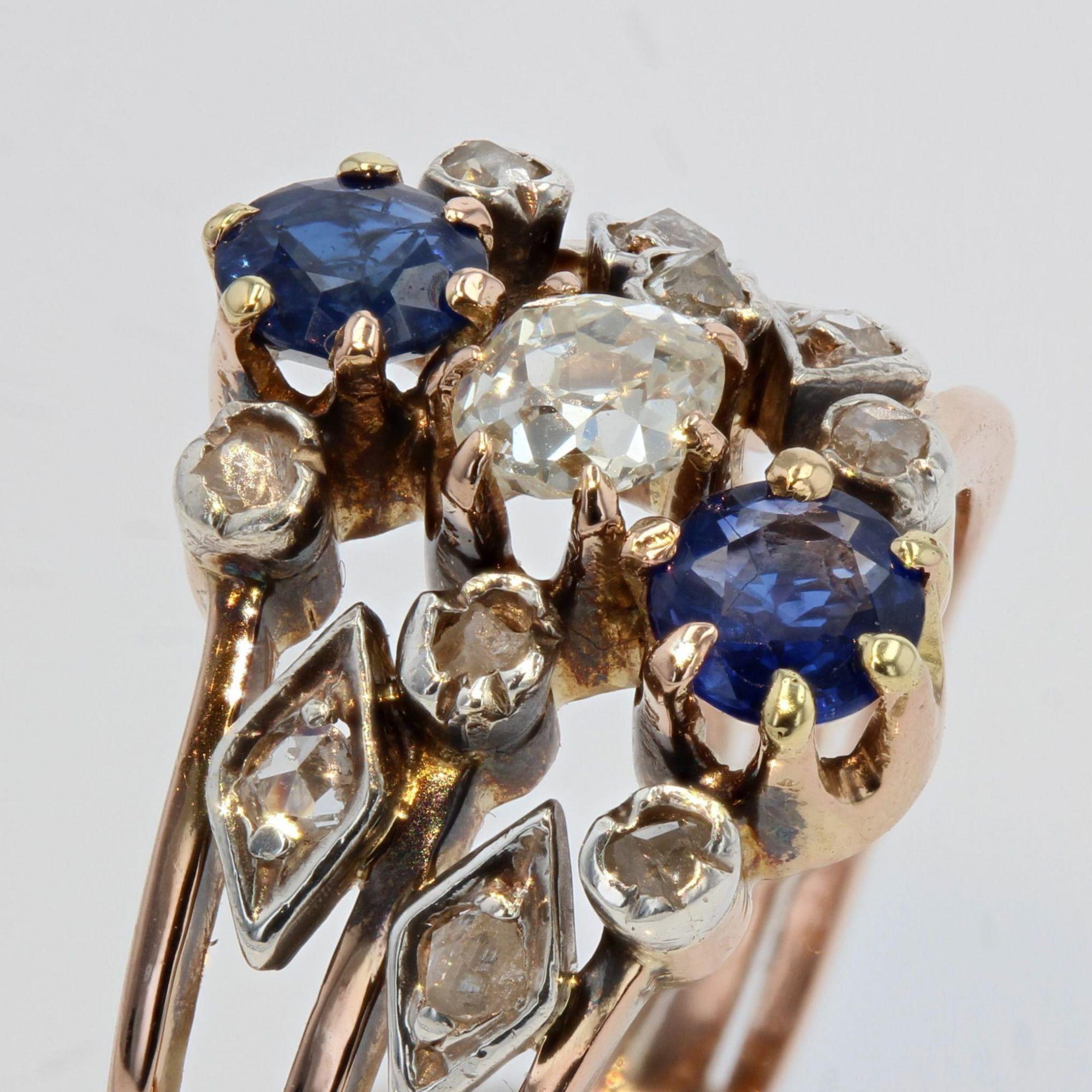 19th Century Sapphire Diamond 18 Karat Rose Gold 3 Rings Ring In Good Condition For Sale In Poitiers, FR