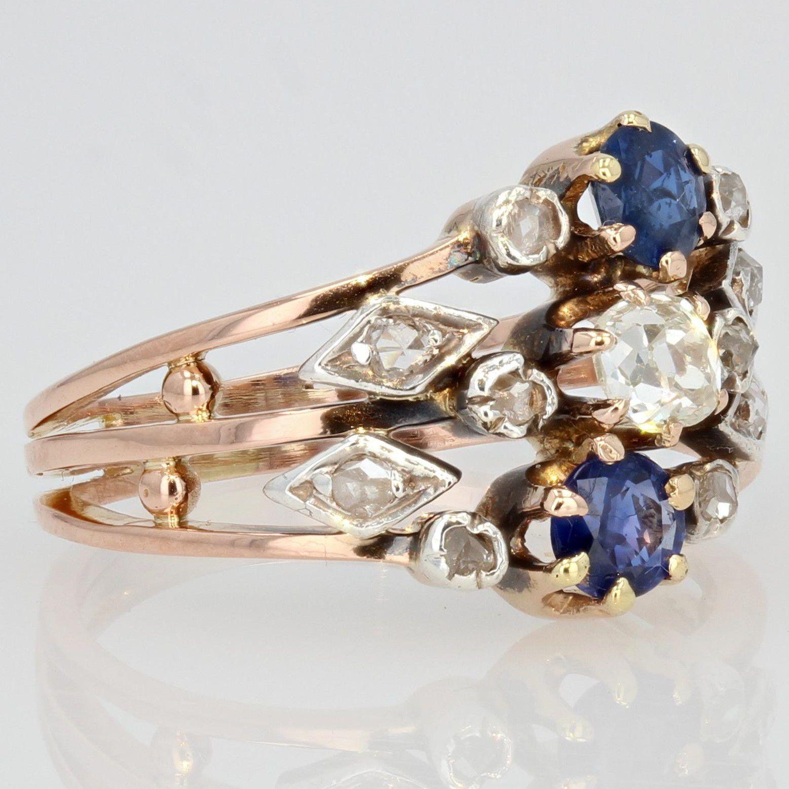19th Century Sapphire Diamond 18 Karat Rose Gold 3 Rings Ring In Good Condition For Sale In Poitiers, FR