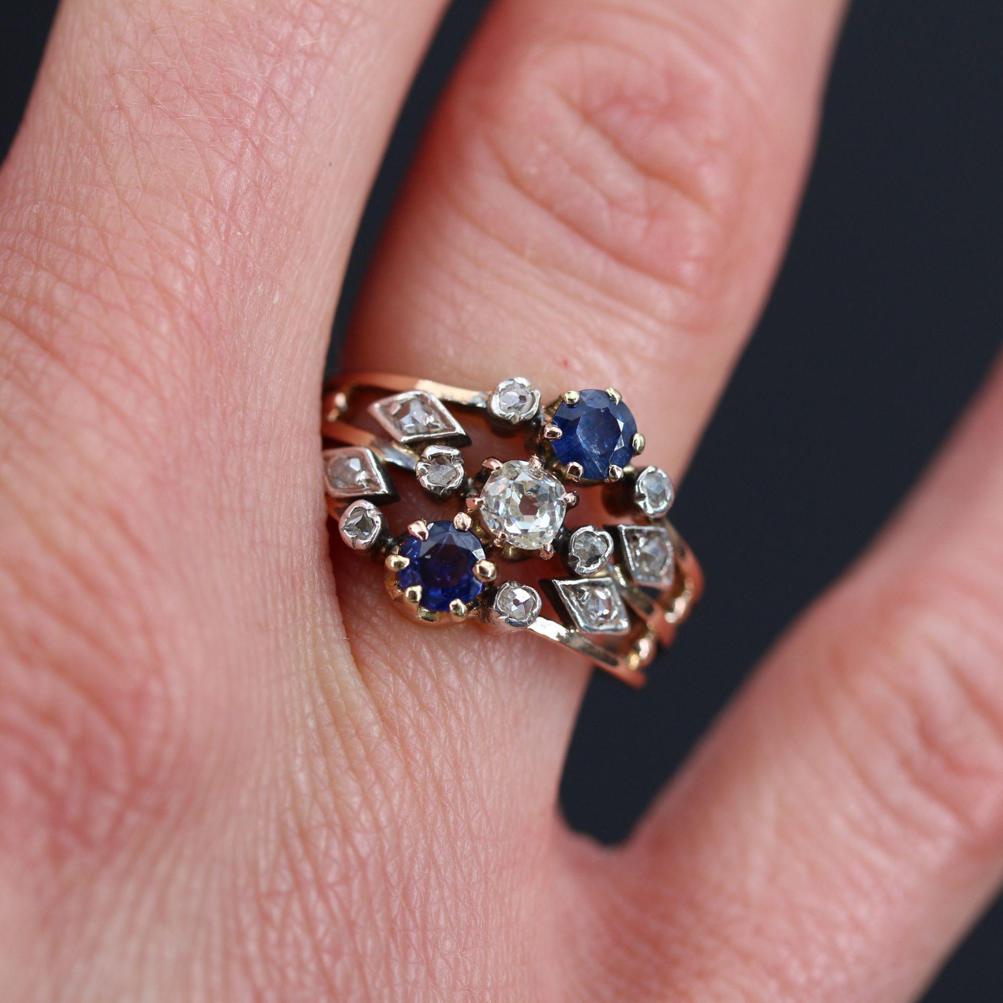 Women's 19th Century Sapphire Diamond 18 Karat Rose Gold 3 Rings Ring For Sale