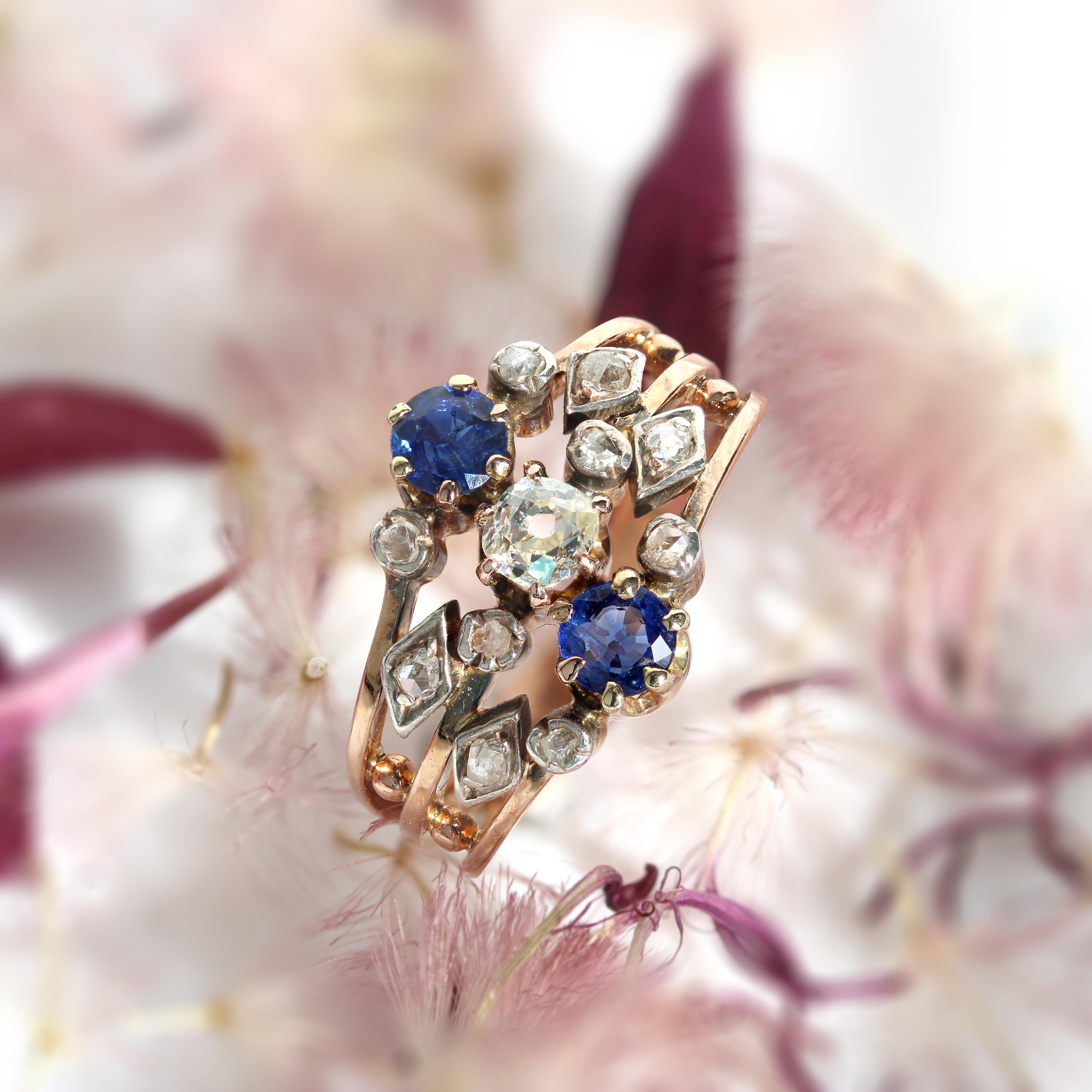 Women's 19th Century Sapphire Diamond 18 Karat Rose Gold 3 Rings Ring For Sale