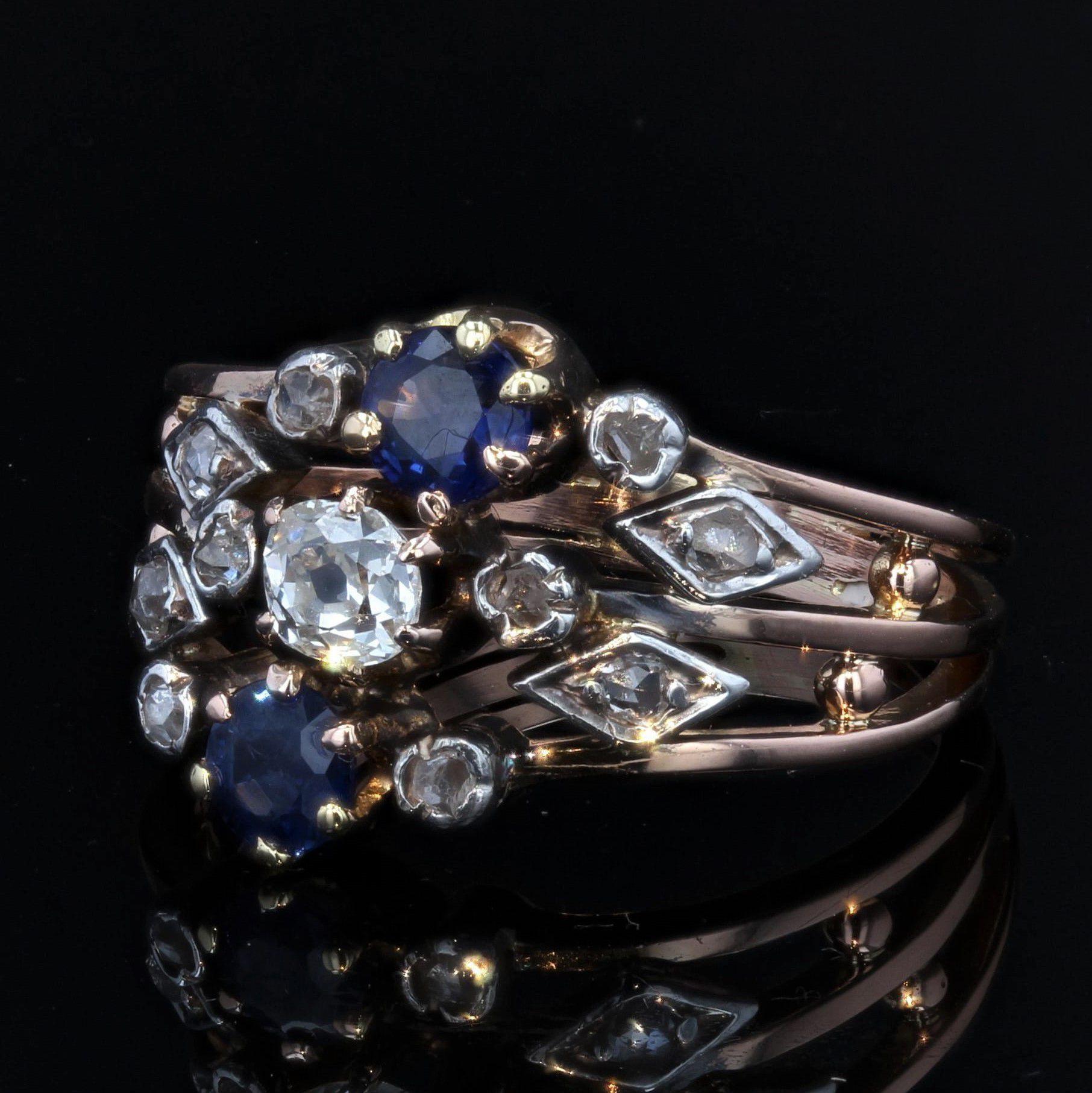 19th Century Sapphire Diamond 18 Karat Rose Gold 3 Rings Ring For Sale 1