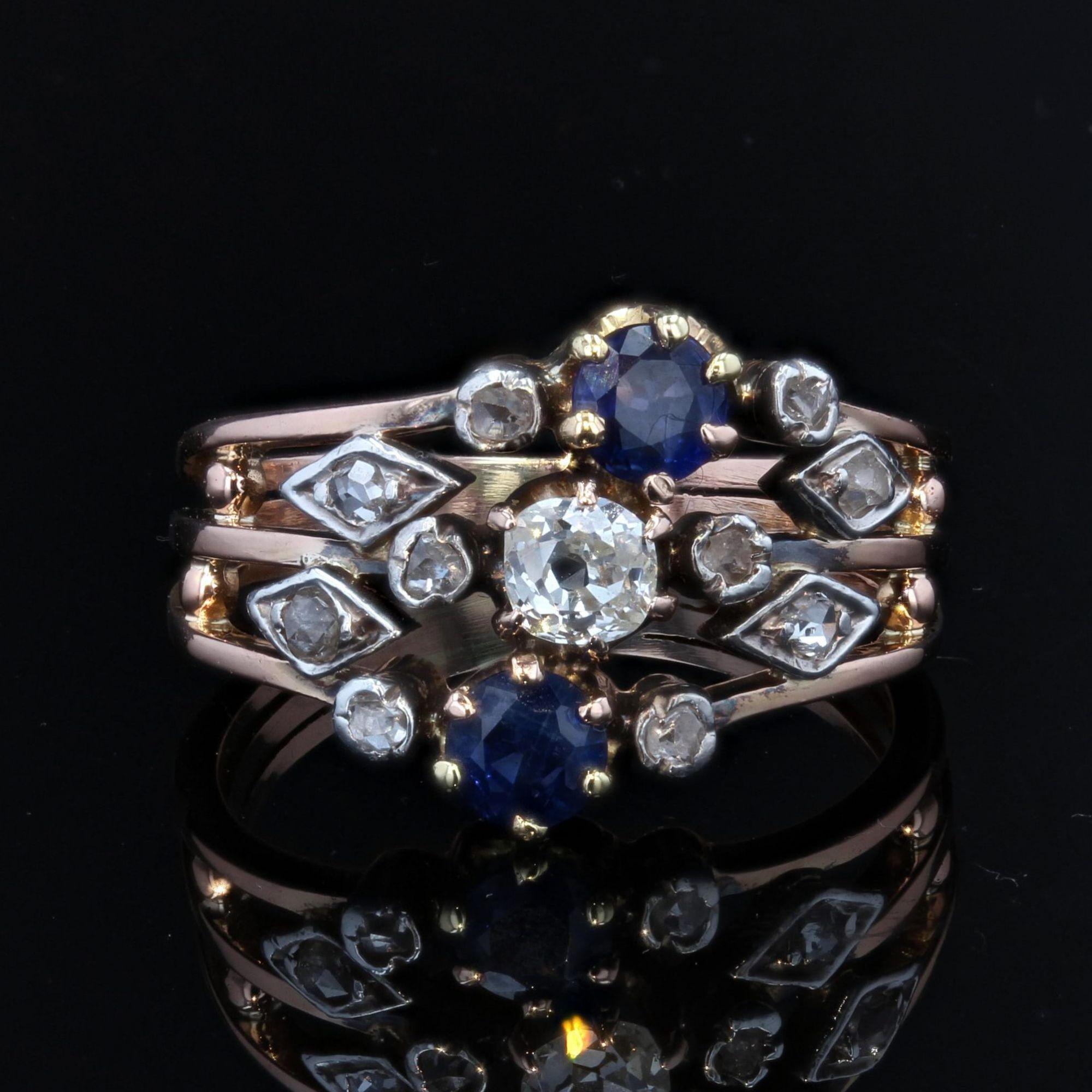 19th Century Sapphire Diamond 18 Karat Rose Gold 3 Rings Ring For Sale 2