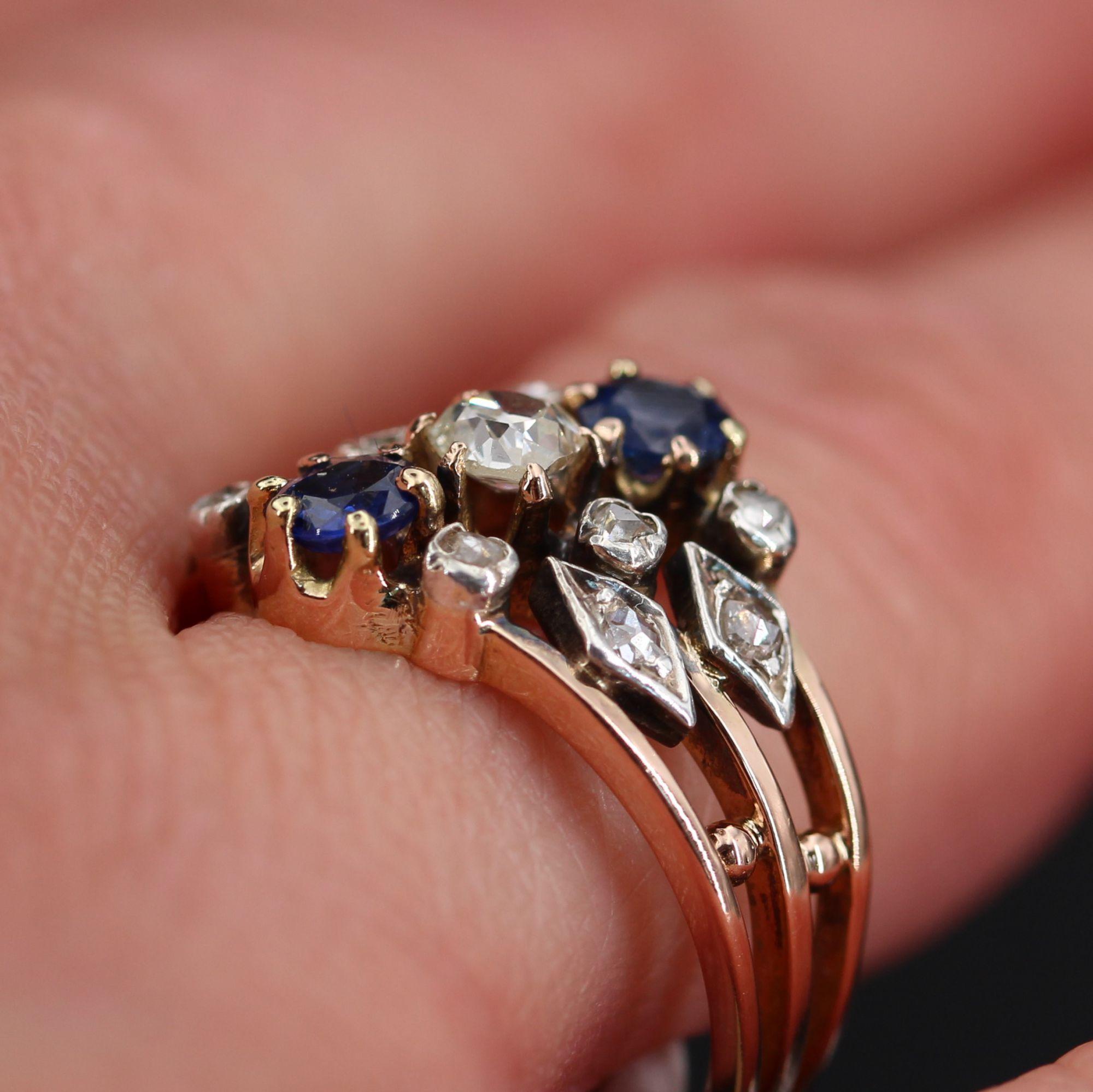 19th Century Sapphire Diamond 18 Karat Rose Gold 3 Rings Ring For Sale 3
