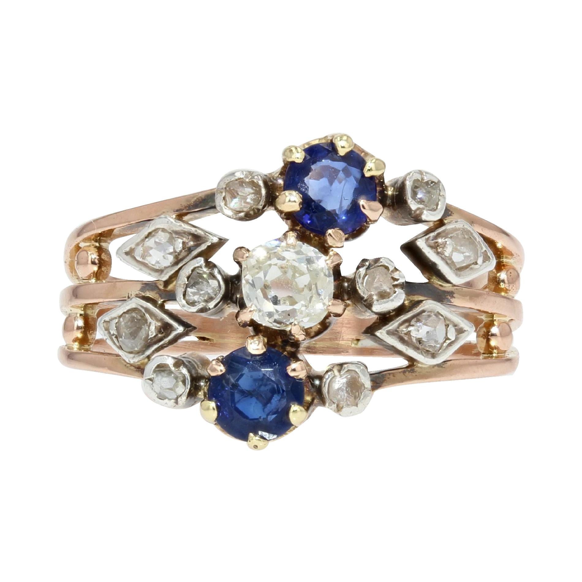 Bague à 3 anneaux en or rose 18 carats avec saphir et diamant du 19e siècle