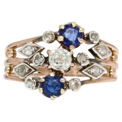 19th Century Sapphire Diamond 18 Karat Rose Gold 3 Rings Ring