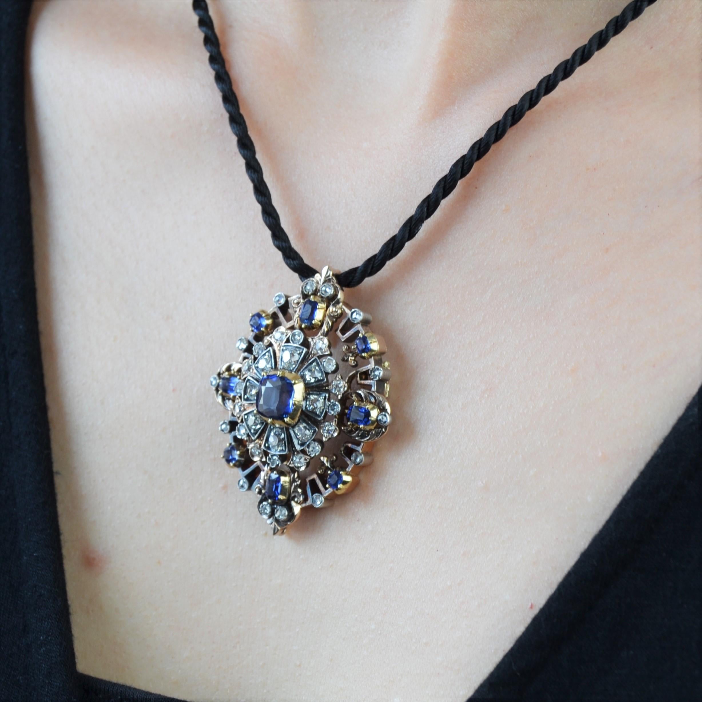 19th Century Sapphire Diamond 18 Karat Yellow Gold Silver Transformation Brooch For Sale 8