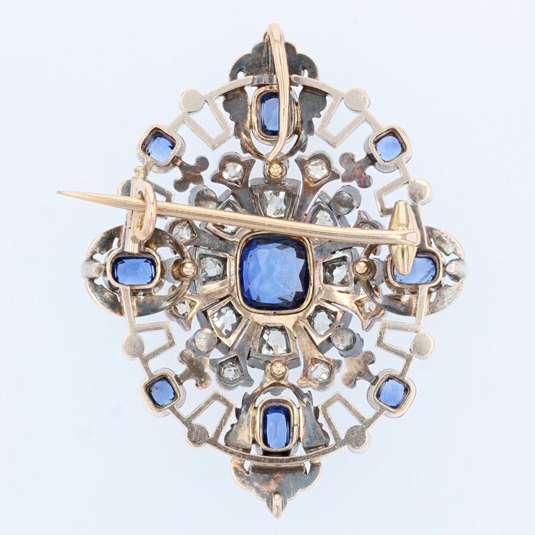 Women's 19th Century Sapphire Diamond 18 Karat Yellow Gold Silver Transformation Brooch For Sale