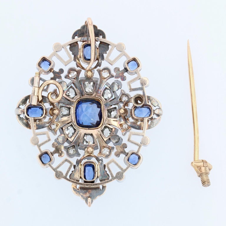 19th Century Sapphire Diamond 18 Karat Yellow Gold Silver Transformation Brooch For Sale 1