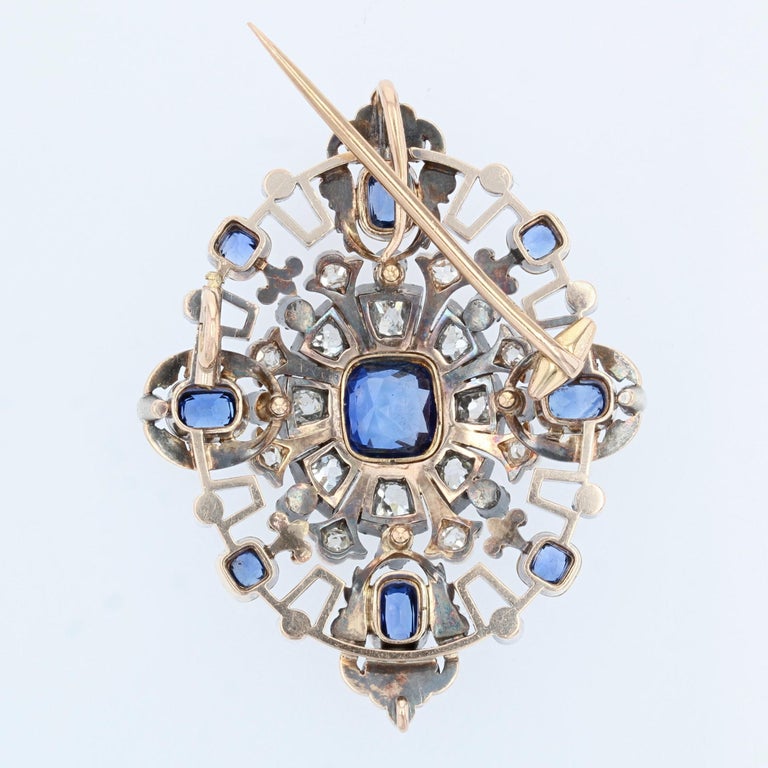 19th Century Sapphire Diamond 18 Karat Yellow Gold Silver Transformation Brooch For Sale 2