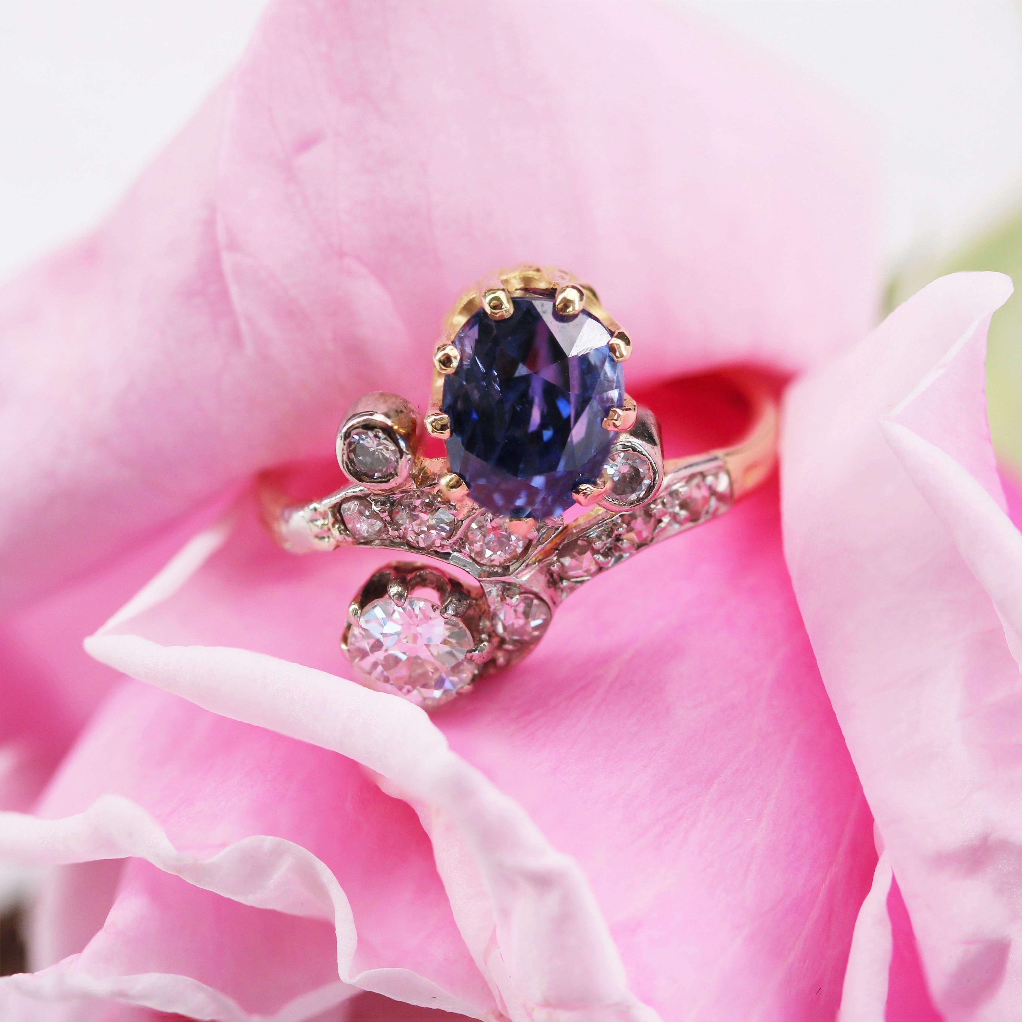 Napoleon III 19th Century Sapphire Diamonds 18 Karat Yellow Gold Platinum Duchess Ring For Sale